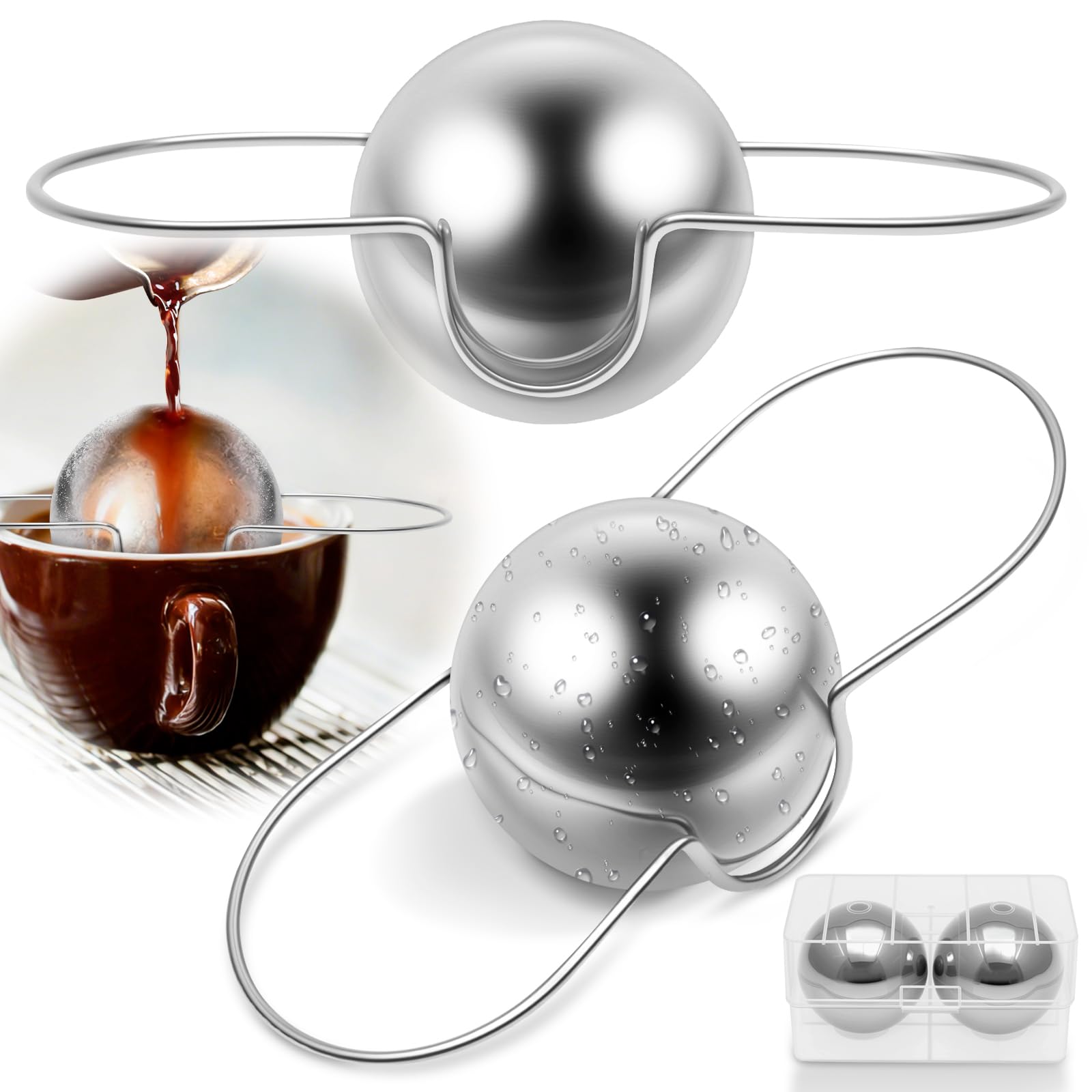 2 Pack Espresso Coffee Cooling Ball with Stand Stainless Steel Espresso Chilling Frozen Ball Rapid Cooling Long Lasting Bringing Original Flavors for Wine Scotch Whiskey Bourbon Cocktails