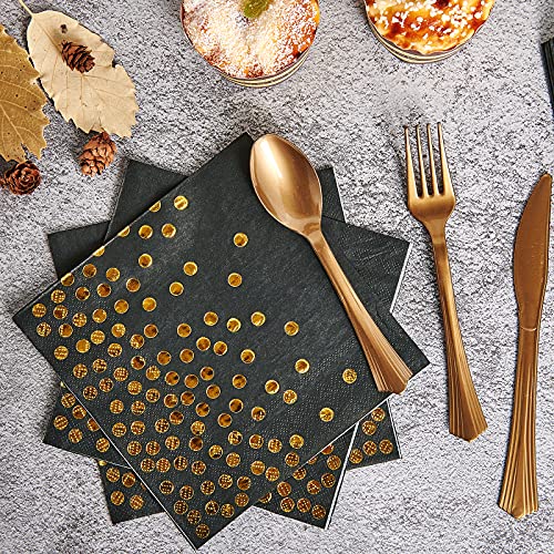 210 Piece Golden Dot Disposable Party Dinnerware Set 30 Guest -Black Paper Plates Napkins Cups,Gold Plastic Forks Knives Spoons,Focusline Black And Gold Party Supplies For Graduation Birthday Wedding #TOP4