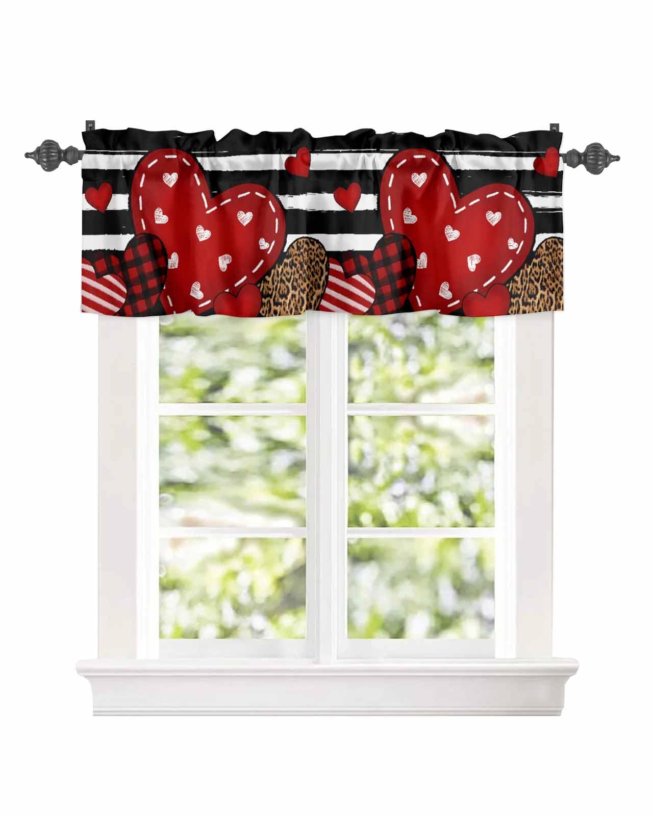 Kitchen Cafe Valance Curtain for Small Windows,Valentine's Grid Leopard Love Heart Rod Pocket Short Blackout Curtains,Black and White Stripe Darkening Window Treatment for Living Room Bedroom