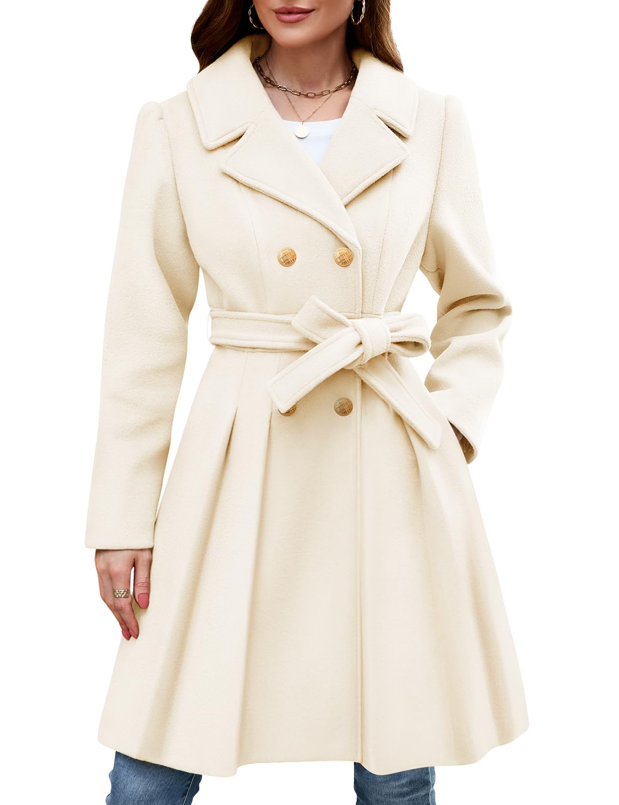 HEEKPEKWomen's Winter Double Breasted Trench Coat Thick Long Wool Lapel  Overcoat A Line Slim Pea Jacket with Belts Pockets