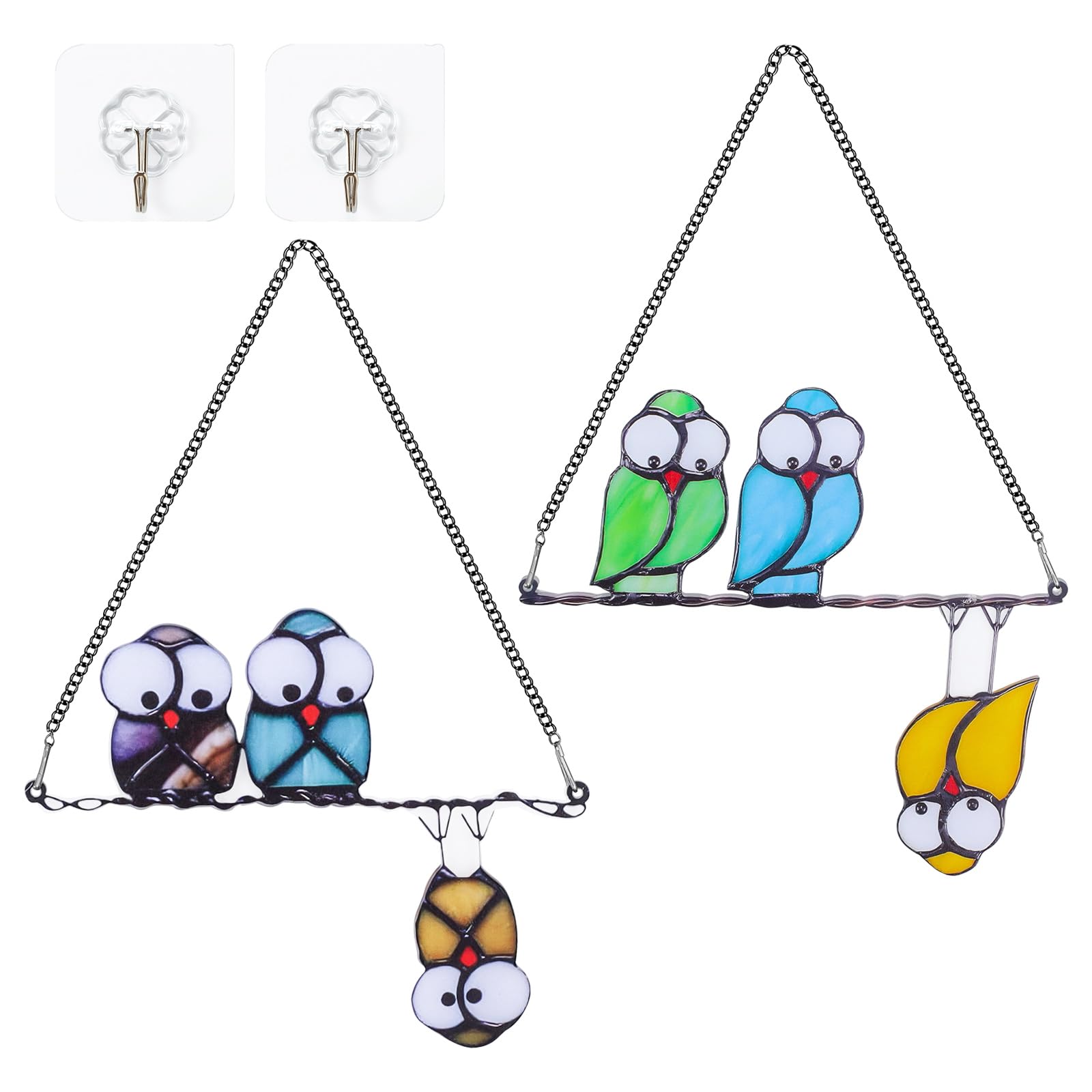 2PCS Stained Glass Style Bird Window Hanging, Owl Suncatcher, Colorful Acrylic Birds Stained Glass Window Hangings for Garden Decor