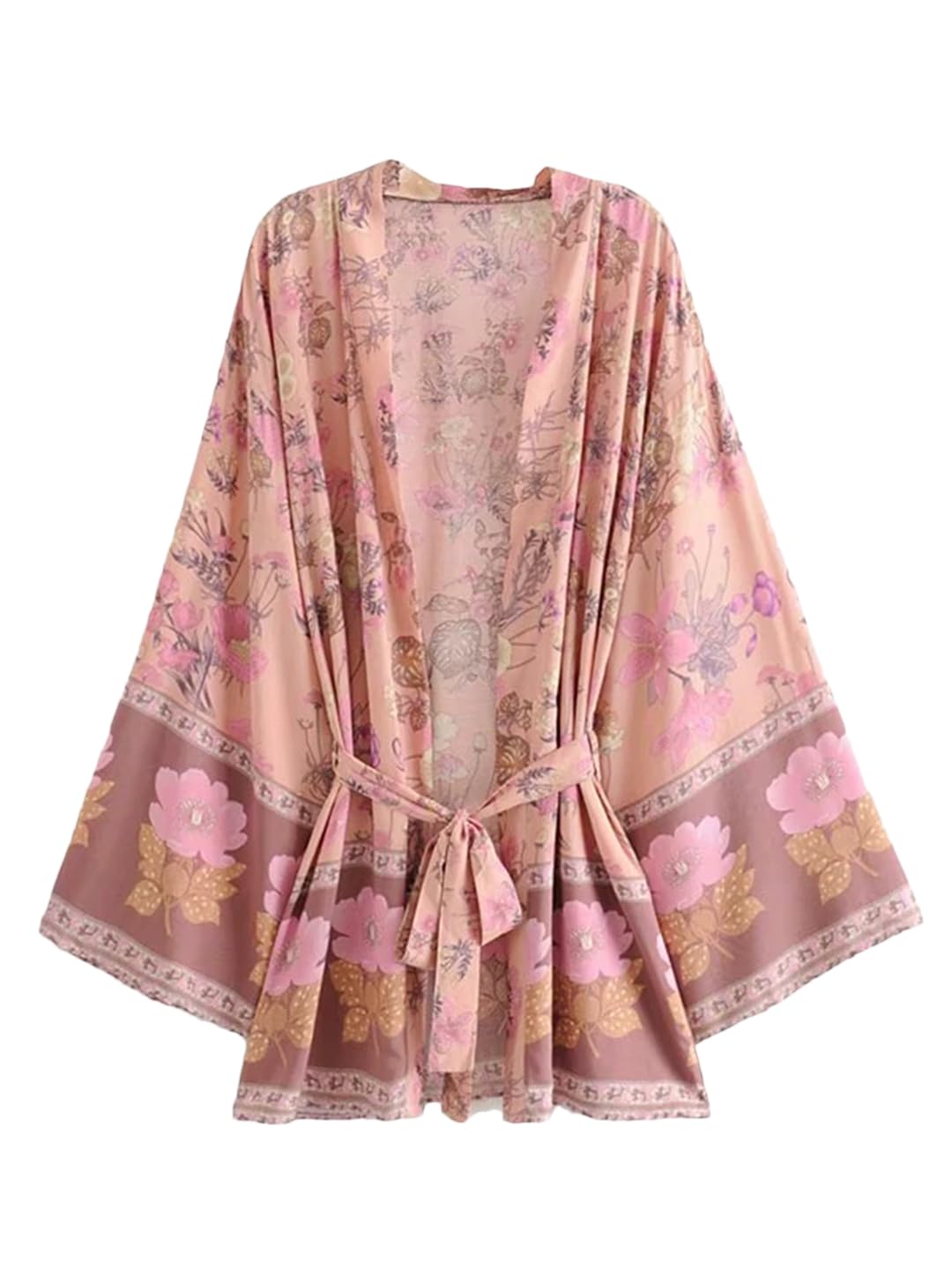 Disimlarl Kimono con estampado floral para mujer, vestido bohemio para playa, cuello en V, bandas, bata de bikini
