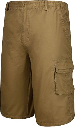 Mens Elastic Waist Below-The-Knee Fly Zipeper Button Closure Cargo Shorts