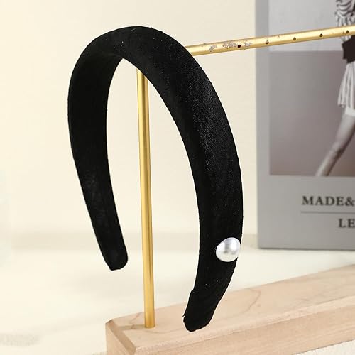 Miniatura 5 de Kasmena Diademas acolchadas negras para mujer, diadema de perlas anchas sólidas para niñas, banda de satén suave sin dientes, bandas gruesas para la