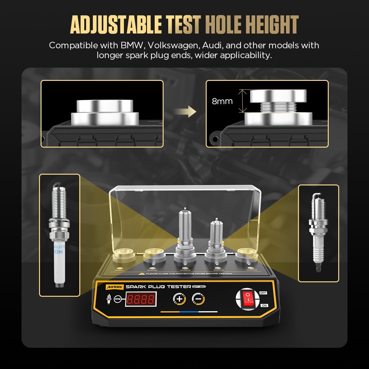 AUTOOL SPT360 Auto Zündkerze Tester, Kfz Zündkerzendetektor Zündkerzen-Systemanalysator mit 5 einstellbaren Testlöchern für Motorradfahrzeug (200-9000RPM)