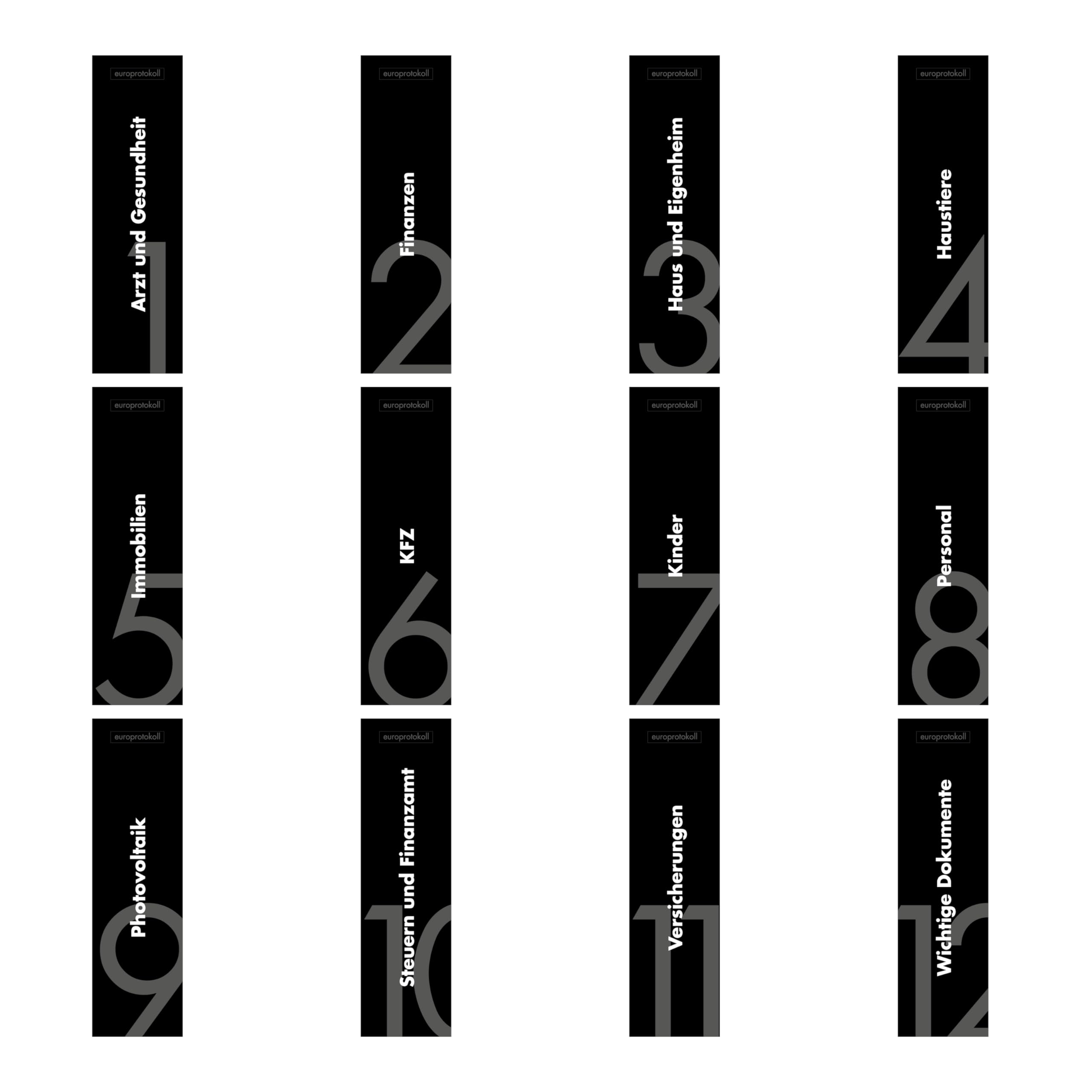 12er Komplett-Set Rückenschilder für DIN A4 Ordner, beschriftete Einsteckschilder im Format 53 x 186 mm, passend für 8 cm Ordner mit Einstecktaschen