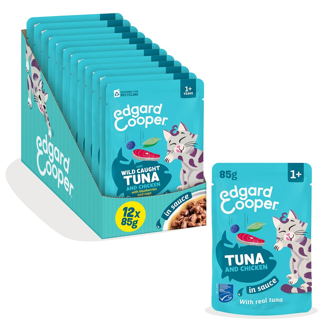 Edgard & Cooper Sobres de Comida húmeda para Gatos, Atún & Pollo en Salsa (12x 85g), Receta sin Cereales con auténtico atún Certificado MSC y Pollo e Ingredientes Naturales, para Gatos esterilizados