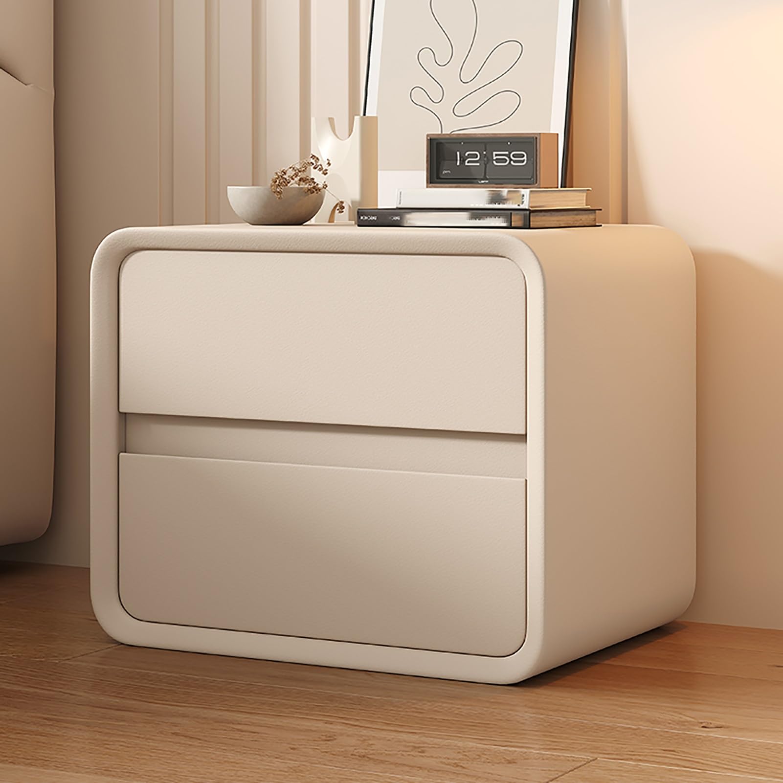 DTREEL Comodino Moderno con 2 Cassetti in Legno Massello e Pelle Microfibra, Tavolino da Camera da Letto/Soggiorno/Dormitorio, Beige, 50 cm/20 in