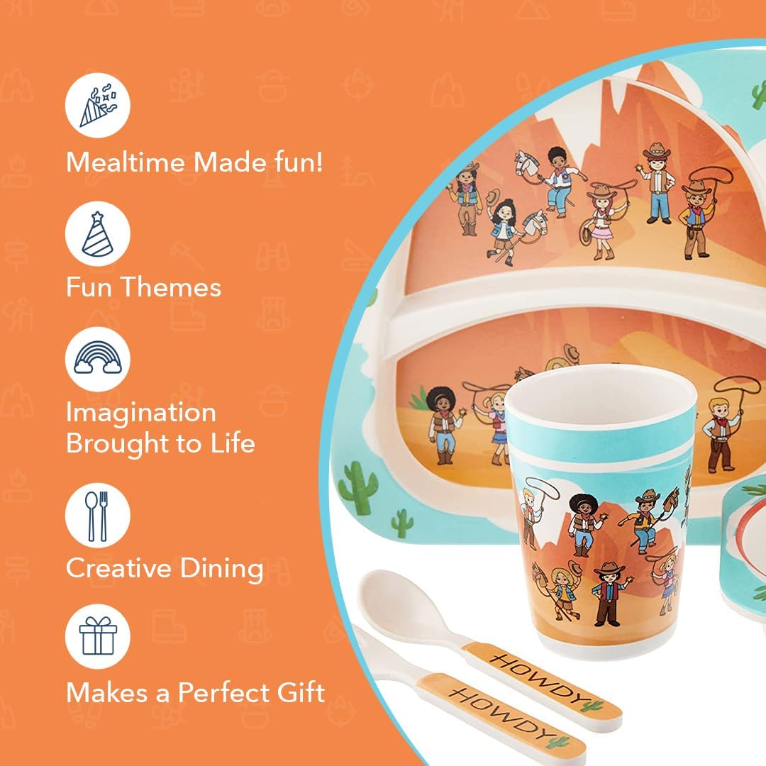 Western Cowboys Themed Kids Dinnerware - 5 Piece Set, Bamboo Fiber Plate, Bowl & Cup, Toddler Safe Utensils