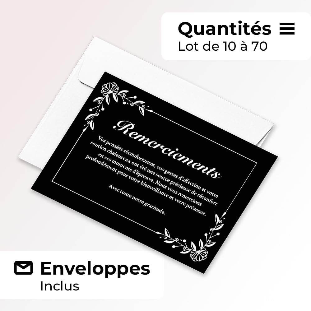 Cartes Remerciement Deuil Condoléances Décès Obsèques avec Enveloppes Format A6 (10,5 x 14,8 cm) Harmonie Florale