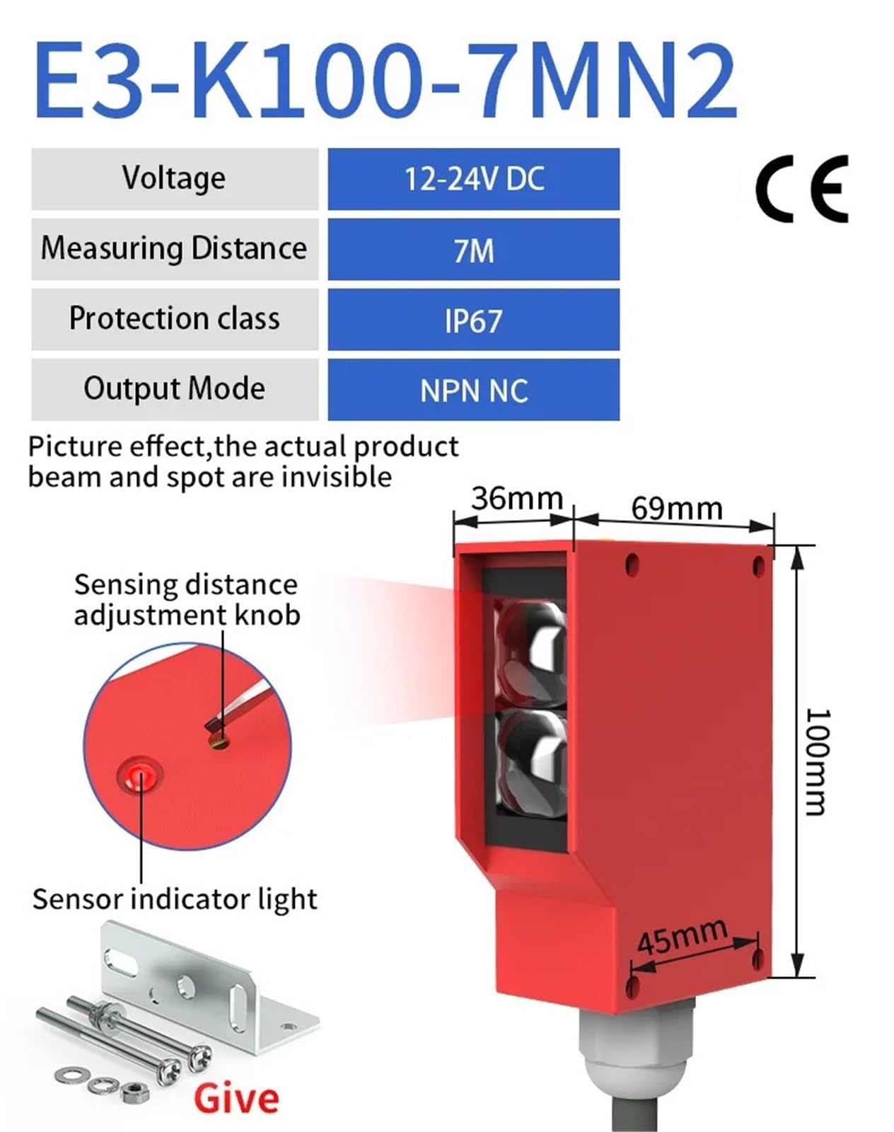Sensor fotoeléctrico cuadrado interruptor infrarrojo óptico reflexión difusa IP67 impermeable 24-220V AC DC Universal 7m de distancia