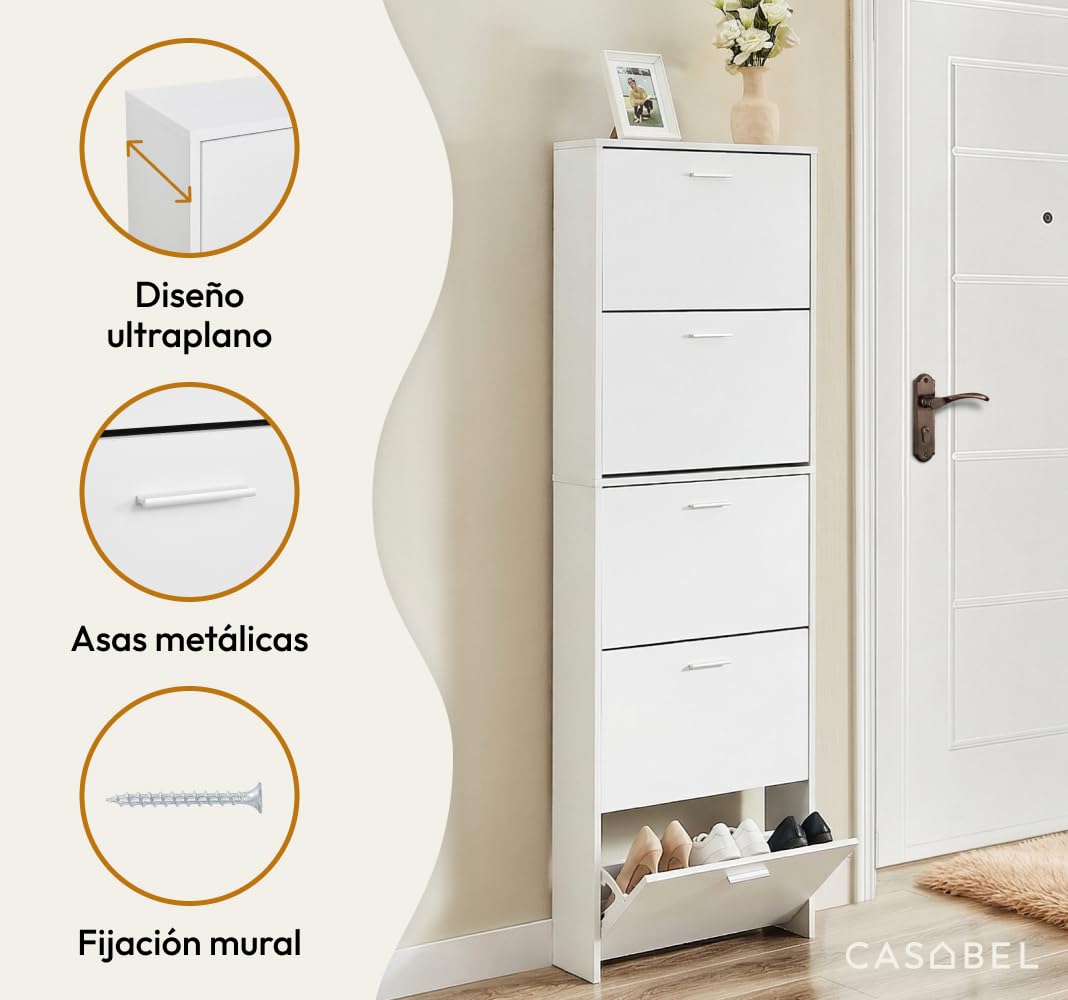 CASABEL Zapatero 15 Pares, Espacioso, Puertas y Marco Blanco | Organizador de zapatos, 5 abatibles, compartimentos abatibles, estrecho, ahorro de espacio, diseño moderno, montaje fácil