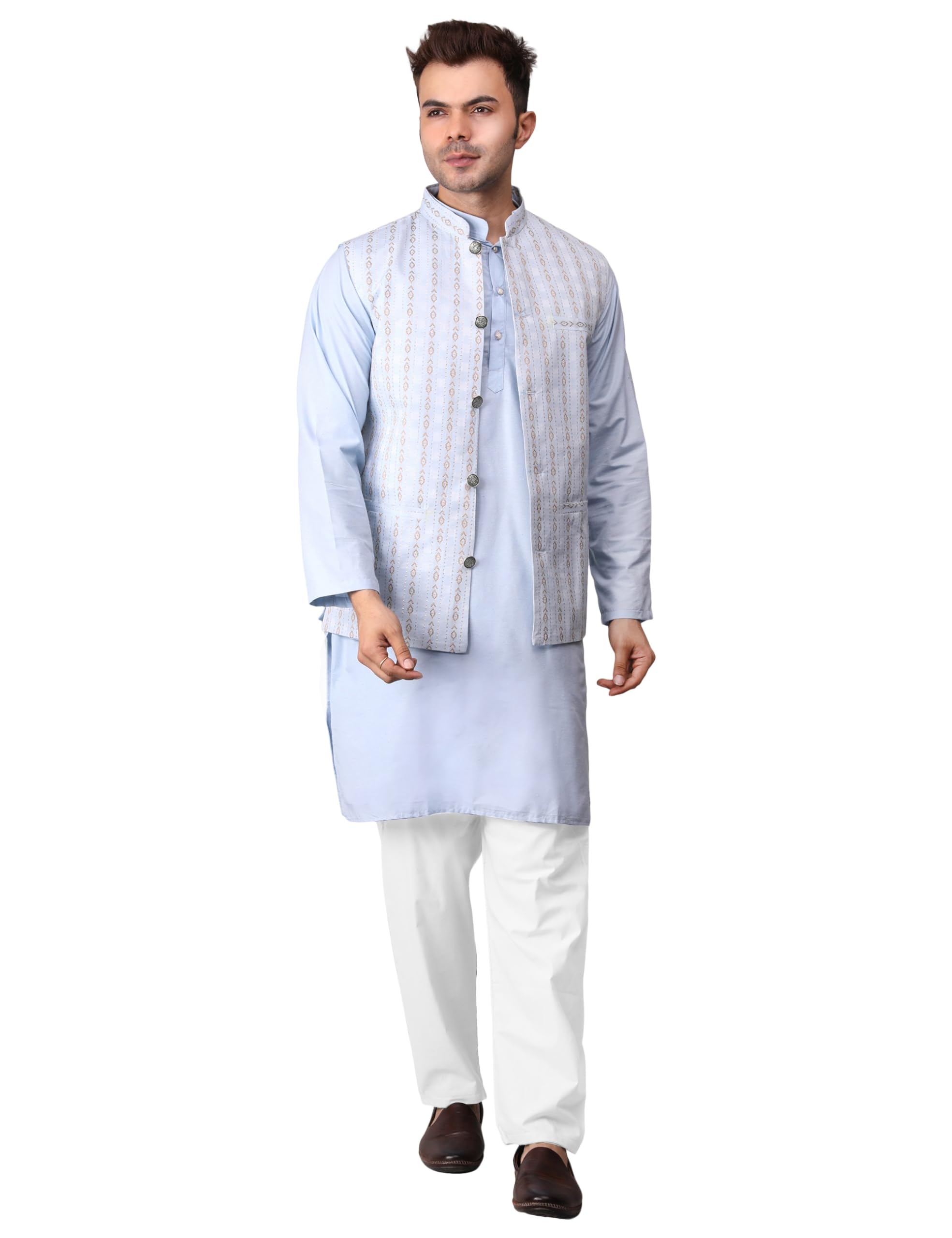 Men's 3-Piece Ethnic Set, Silk Blend Kurta with White Pyjama and Bundi Jacket, Traditional Indian Wear-picture-49