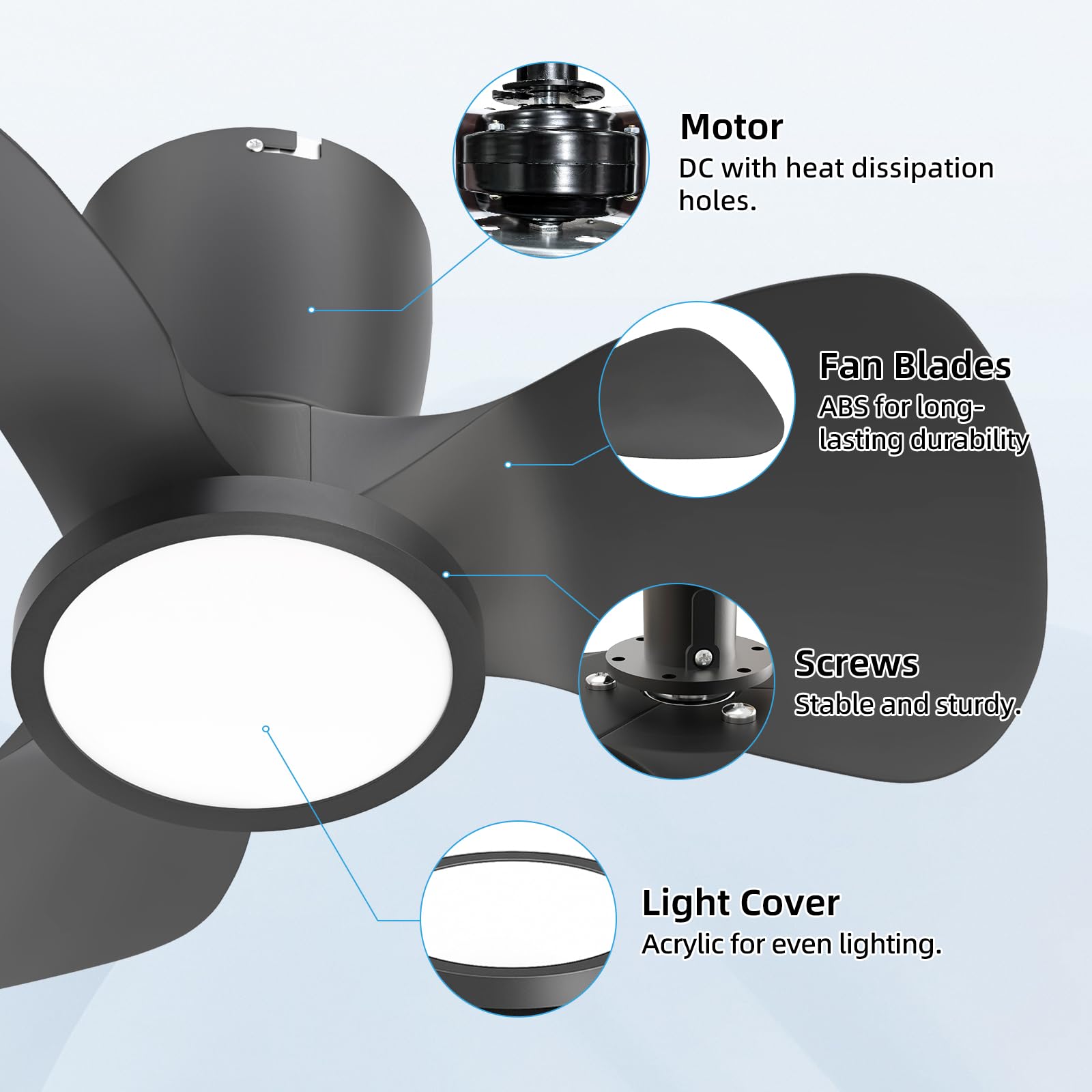 Ateroll Ventilador de Techo con Luz, Ø61CM, 3CCT (3000K-4000K-5000K), 1500LM Ventilador de Techo con Mando a Distancia, 4 Velocidades, Temporizador, Apto para Salón, Dormitorio (Negro)