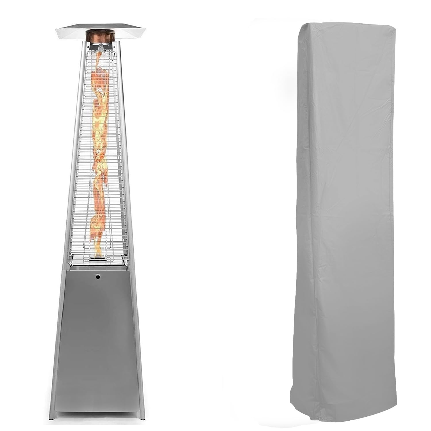Bu-Ko Stainless Steel W/ Silver Cover Outdoor Patio Gas Heater, Garden, Camp, Bbq Parties, Stainless Steel Pyramid Style 13Kw Propane Heater, Portable Wheels | Lpg Warm Heating Fire & Water Proof Cover Included