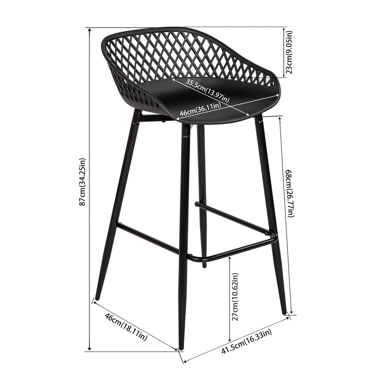 buybyroom Tabouret de Bar avec Dossier et Repose-Pieds, Lot de 4, Chaise Haute pour Cuisine, Îlot Central, Bar et Extérieur, Hauteur Assise 68cm, Pied en Métal, Noir