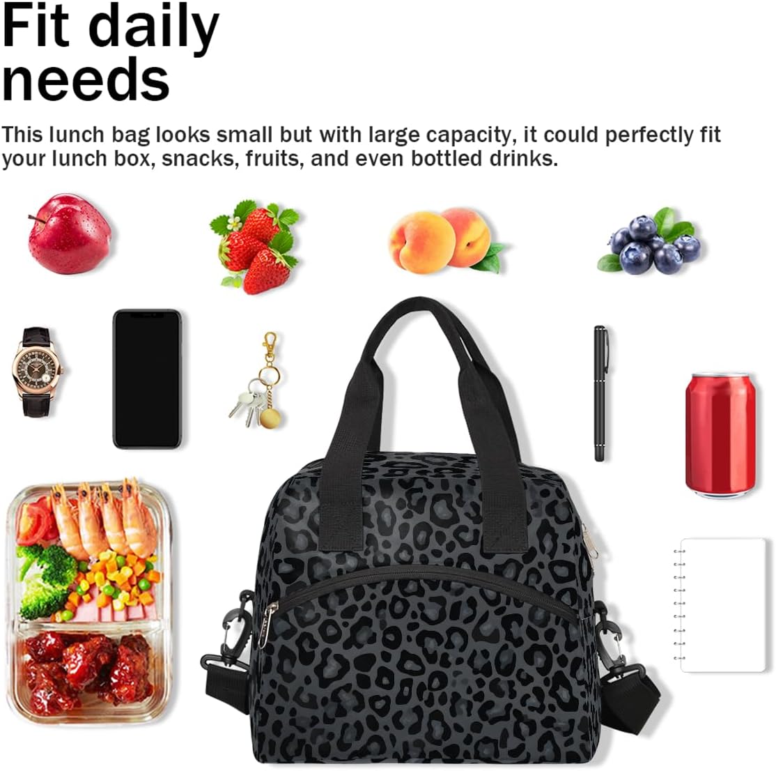 cfpolar Leopard Black Skin Pattern Lunch Bag for Kids Girls Women, Insulated Reusable Lunch Box Small Cooler Bag Perfect with Shoulder Strap for School Work Travel Office Picnic Beach