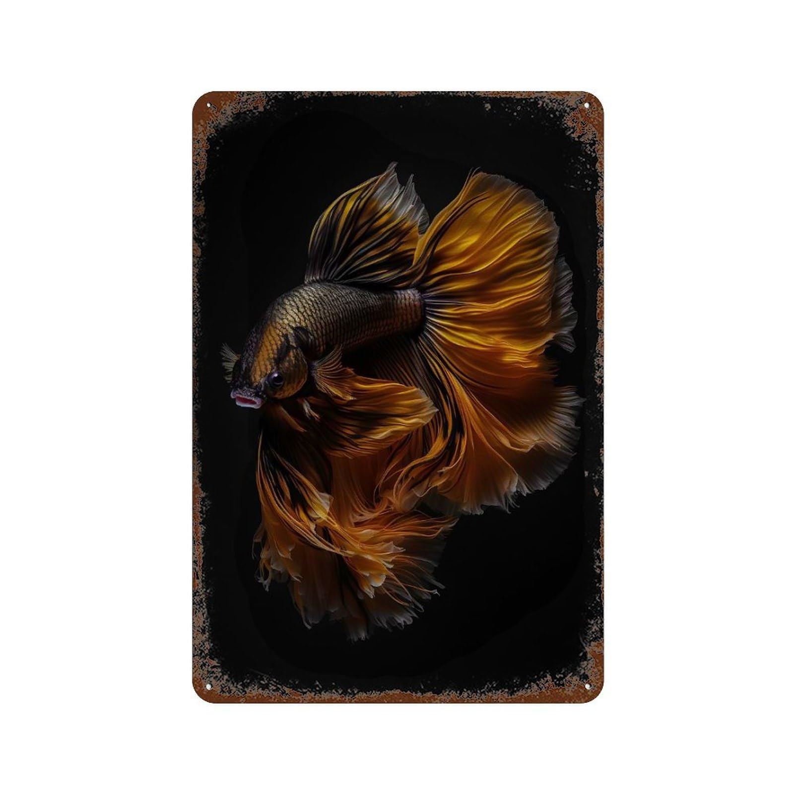 Betta Fish Gold Balck Rust Effect Tin Sign 11.8"x7.9", Retro Wall Decor for Pub, Kitchen And Man Cave Decor