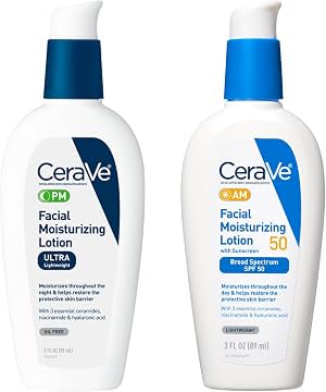 CeraVe Loción Humectante Facial PM, 3 Onzas + Loción Humectante Facial AM SPF 50, 3 Oz