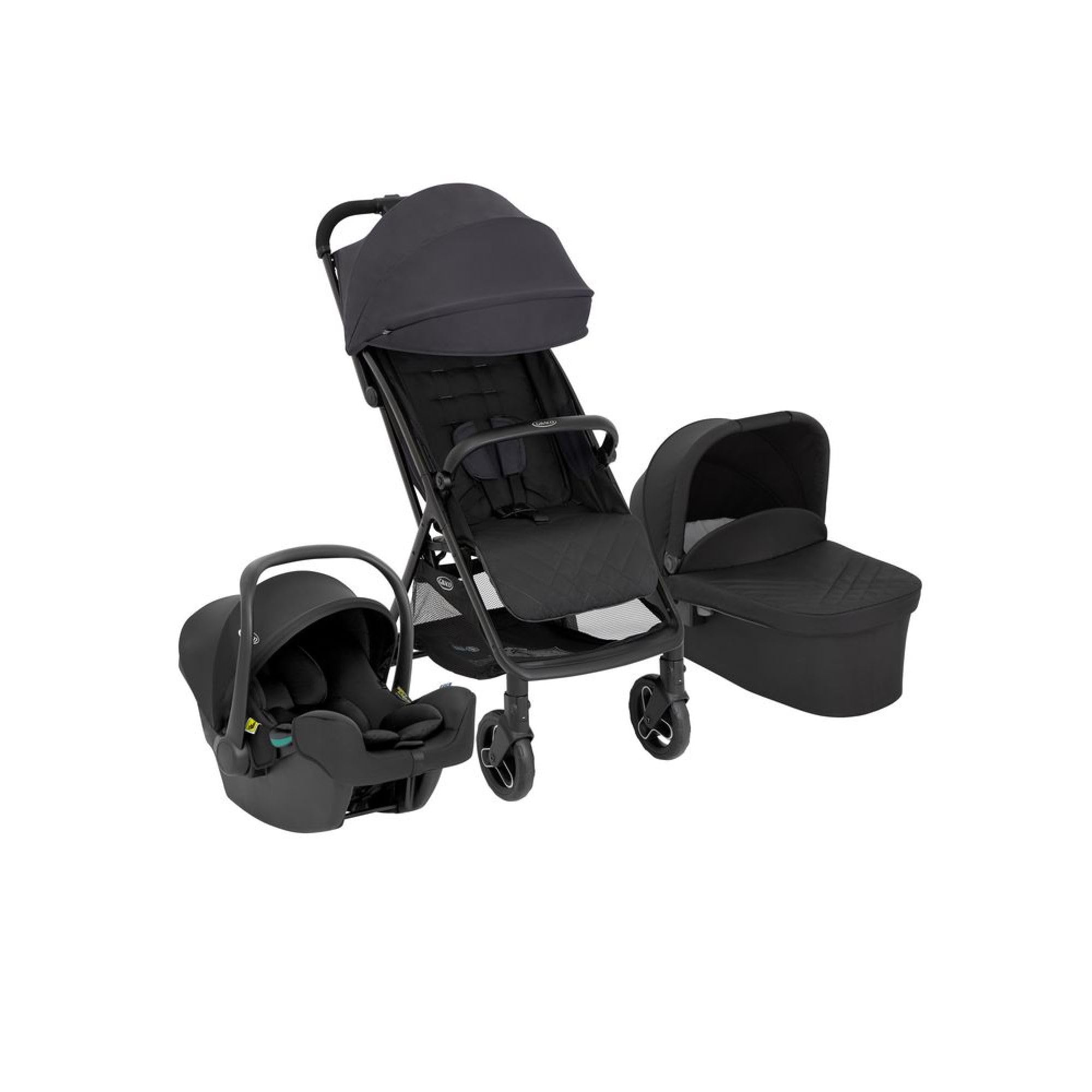 Graco - MYAVO TRIO - Poussette légère avec fermeture rapide (0-22 kg), siège auto bébé (40 à 75 cm), nacelle (mx 9 kg); couleur Charcoal