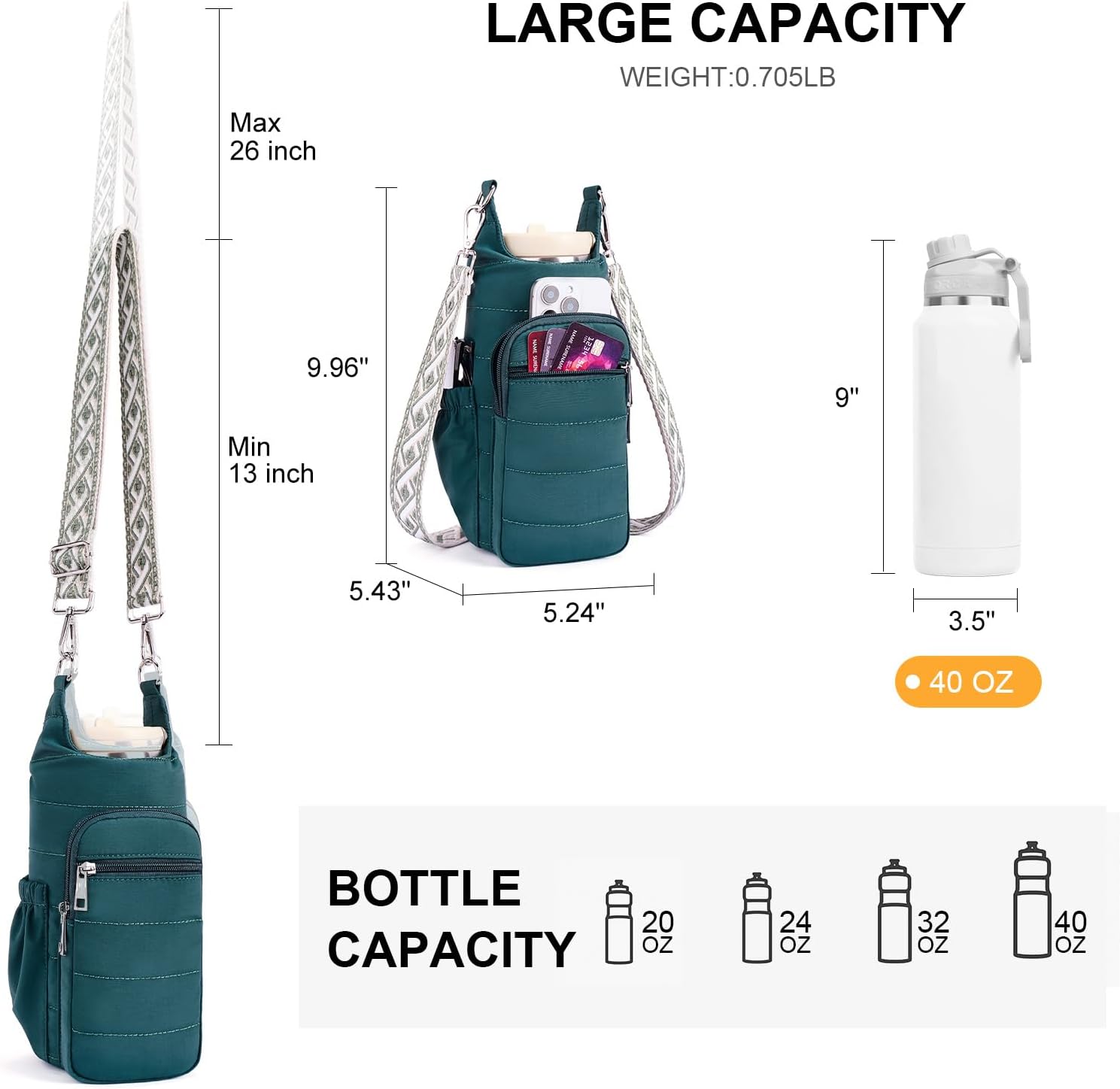 Water Bottle Bag 40 oz Crossbody Water Bottle Holder for Walking Hiking Insulated Compartment Carrier Purse with Adjustable Strap