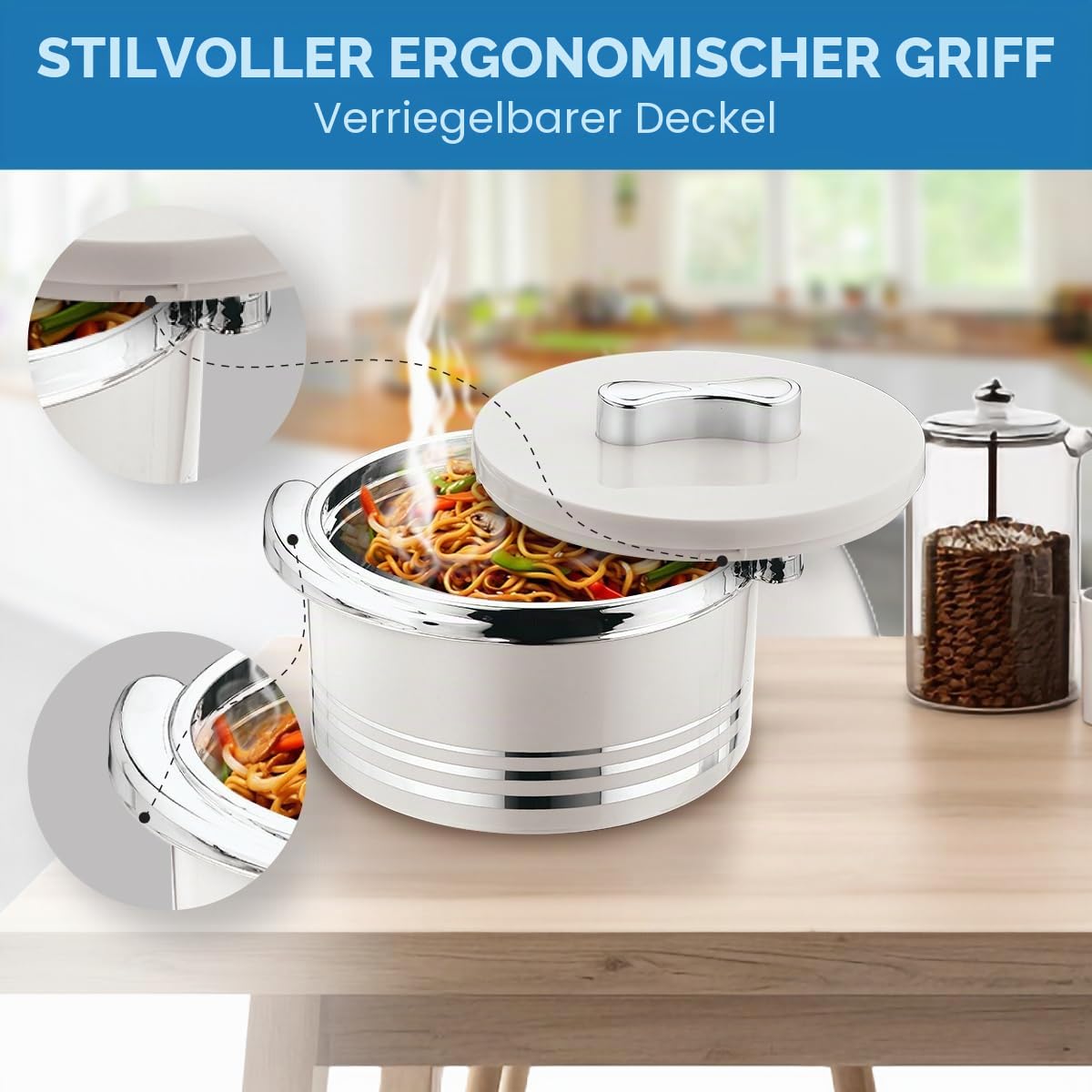 Pinnacle Isolierte Auflaufform mit Deckel, 3-teiliges Set, 3,7/2,6/1,5 qt. Hot Pot Speisenwärmer/Kühler – Thermo-Suppen-/Salat-Servierschüssel, Edelstahl-Behälter für heiße Speisen, tolles