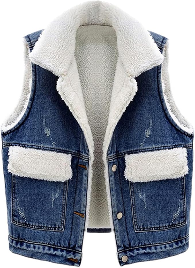 CYSTYLE Damen Jeansweste Winterweste Fleece Gefütterte BF Jacke