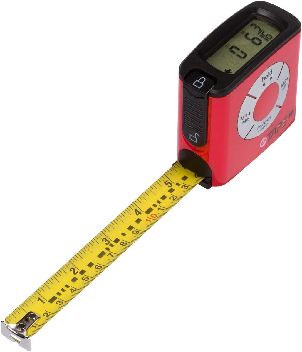 eTape16 Digital Electronic Tape Measure – For Accurate Measuring – Time-Saving Construction Tool – Red Polycarbonate Plastic– 3 Memory Functions – 16 Feet