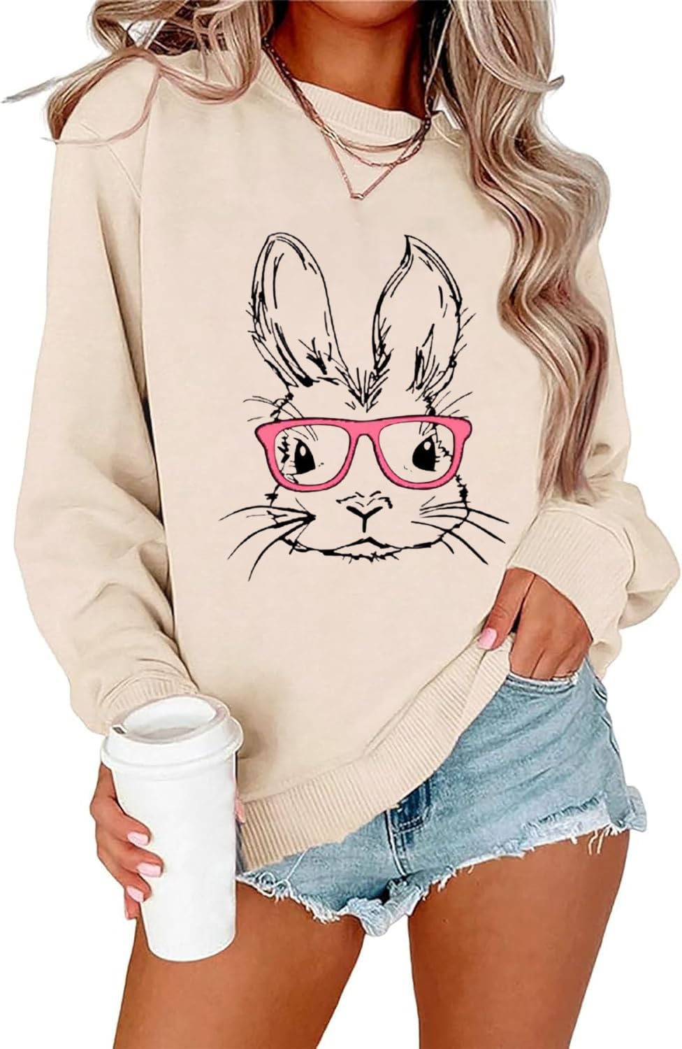 Happy Easter Sweatshirt Women Long Sleeve Cute Bunny Rabbit Graphic Tees Pullover-image-38
