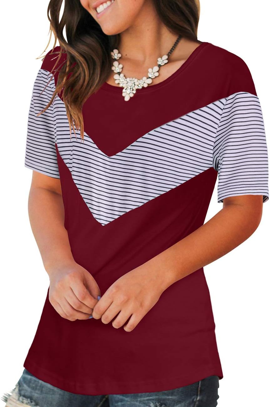 Womens T Shirts Scoop Neck Striped Short Sleeves Basic Summer Tee Tops Wine S