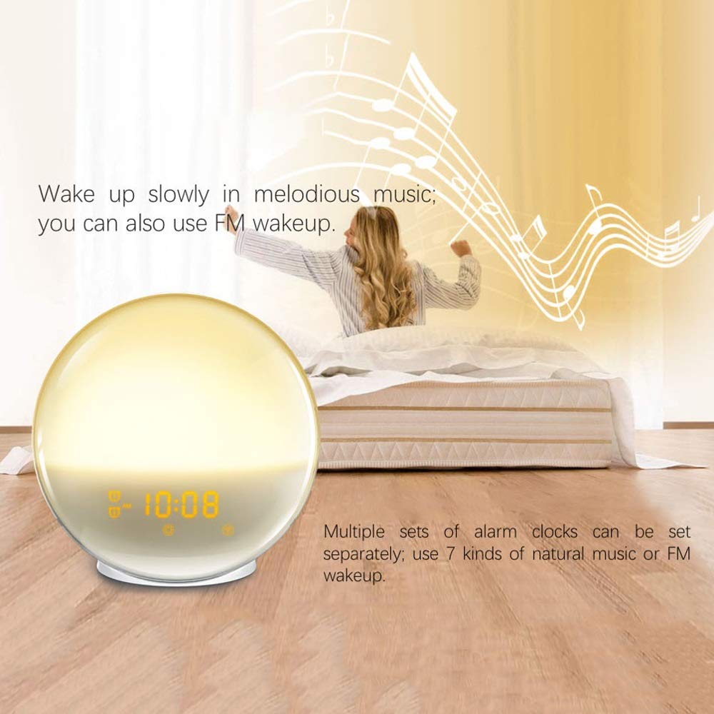Naturale Wake-up Light Luminosità regolabile LED Light Light Batteria Life USB Carica Allarme Portatile ABS + PC Materiale adatto per casa Camera da letto Dormitorio Luce del tempo luce (bianc