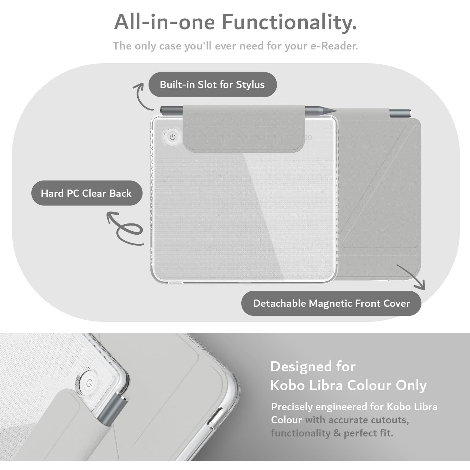 TUDIA M-Flip Coque Magnétique Transparente Amovible Compatible avec Kobo Libra Colour (2024) [Veille/Réveil Automatique] Étui Arrière Transparent Pliable avec Porte-Stylet (Gris) - 3