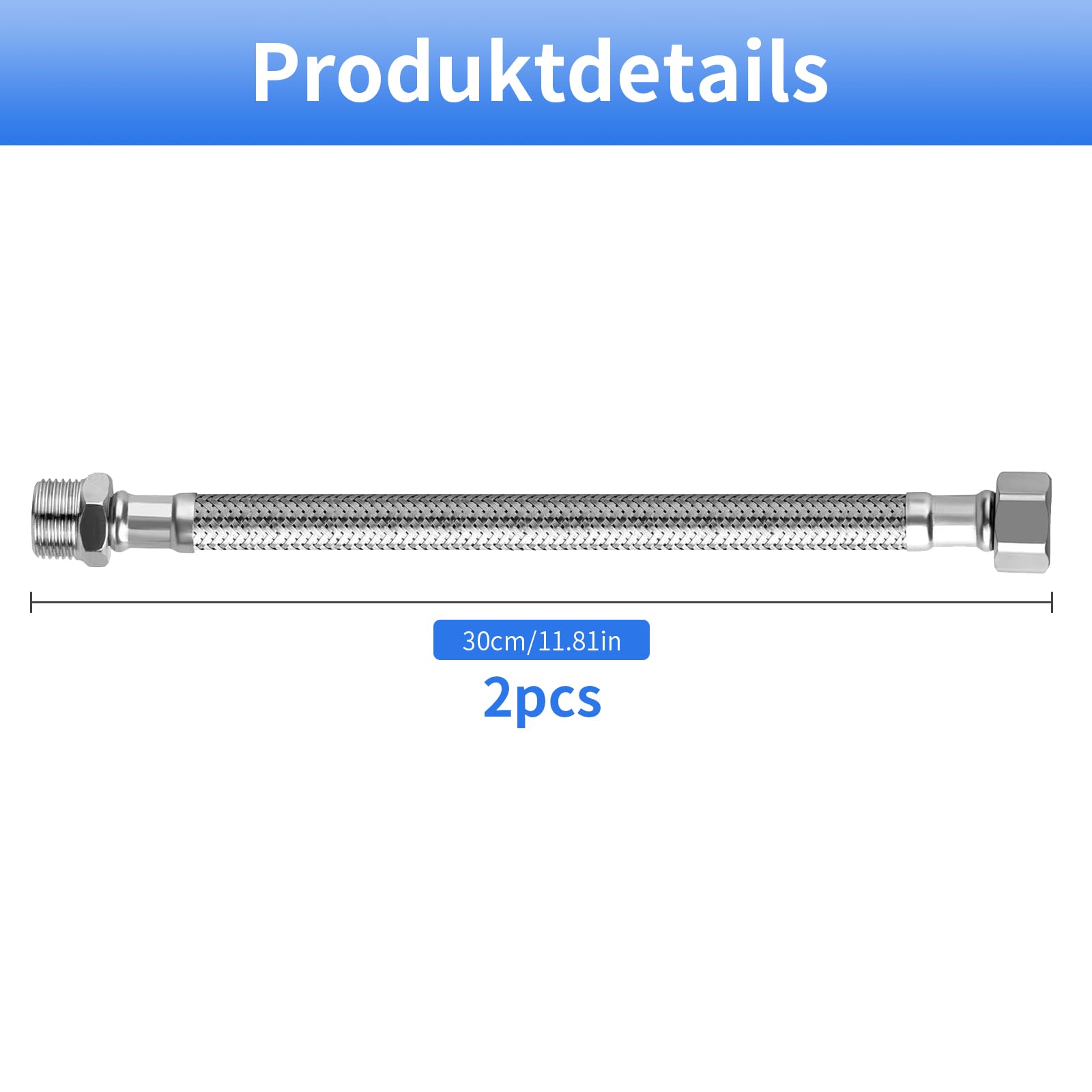 2 tubi flessibili da 3/8 pollici (60 cm: 30 + 30 cm), tubo corazzato in acciaio inox 304 con filettatura/filettatura esterna, flessibile per rubinetto, valvola angolare, cassetta di
