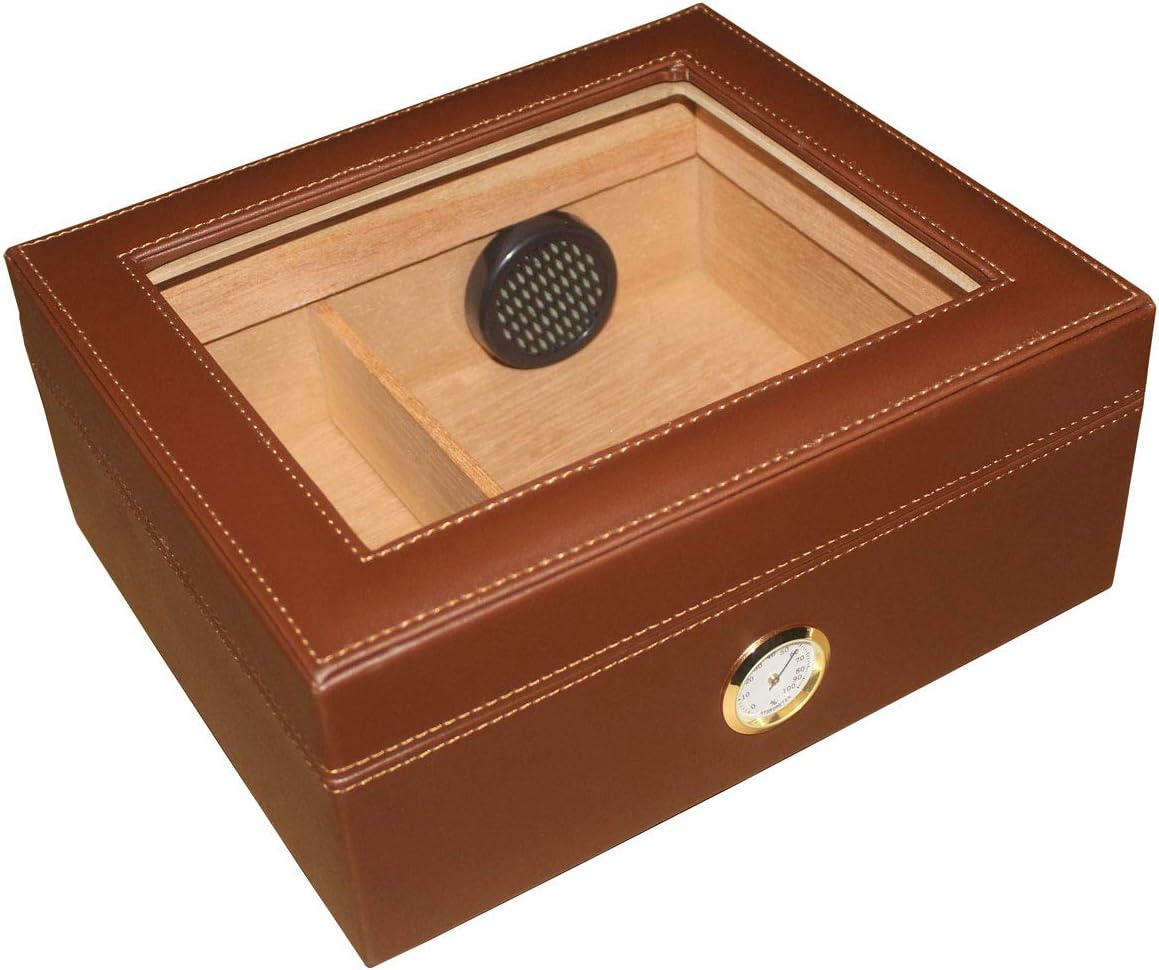 AMANCY Quality Brown Leather Handmade 25-50 Cigar Humidor,Desktop Cedar Wood Lined Cigar Storage Box with Glasstop
