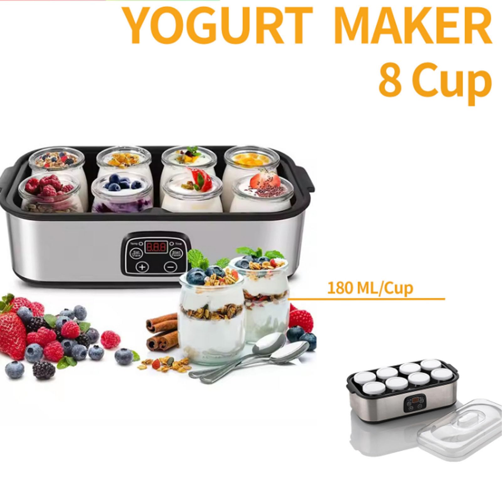banapoy Fabricante Automático de Yogurt, 8 Tazas de Fabricante de Yogurt Griego Digital con Temperatura Automática y Control de Tiempo, Vino de Fruta para el Hogar Probiótico (EU)