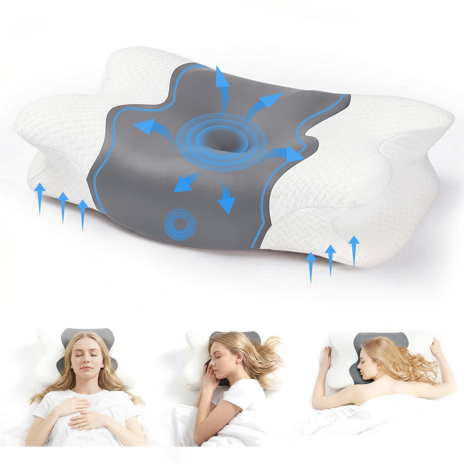 COSYLAND Almohada Cervicales y Cuello - Espuma Viscoelástica, Diseño Mariposa con Soporte Ergonómico y Transpirable, para Dormir de Lado, Boca Arriba y Boca Abajo, 60 x 40 x 10/13 cm