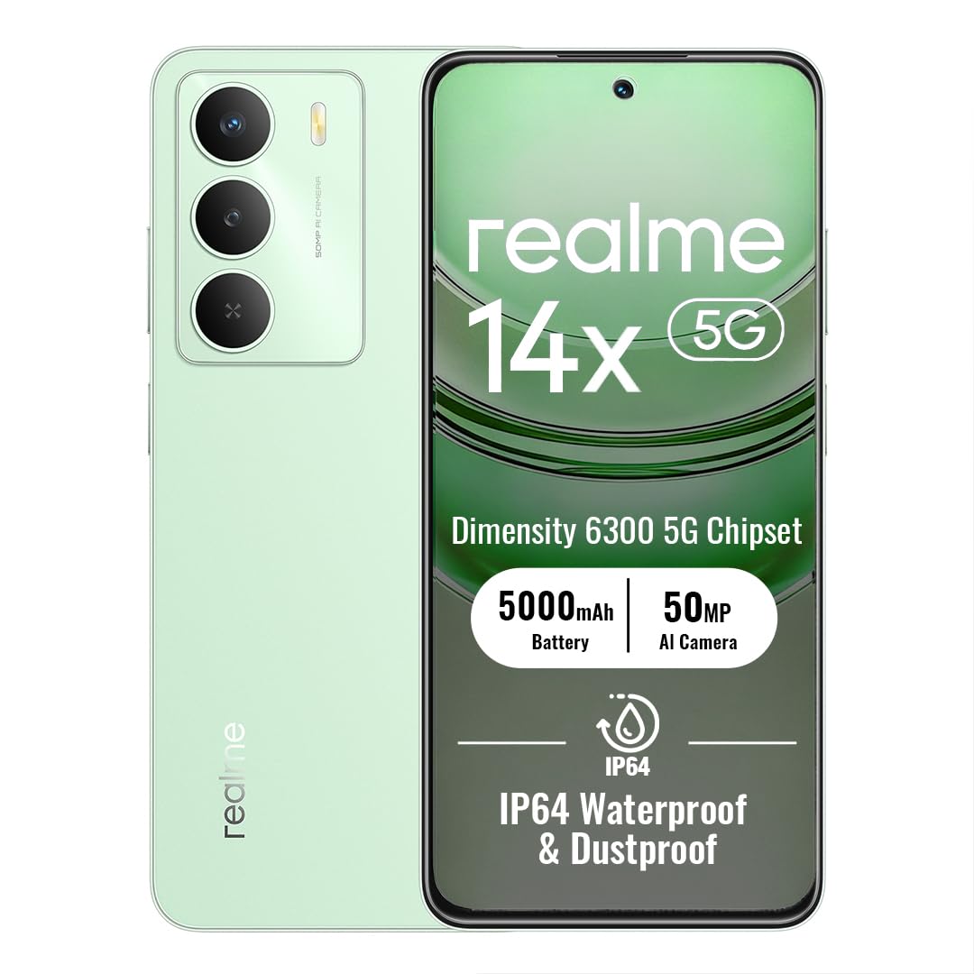 realme 14x Smartphone 5G 6+128GB, Green, 6.67 Pouces d'écran, 120Hz d'affichage, 5000 mAh de Batterie, 50 MP de caméra AI, MediaTek Dimensity 6300, Protection ArmorShell, IP64