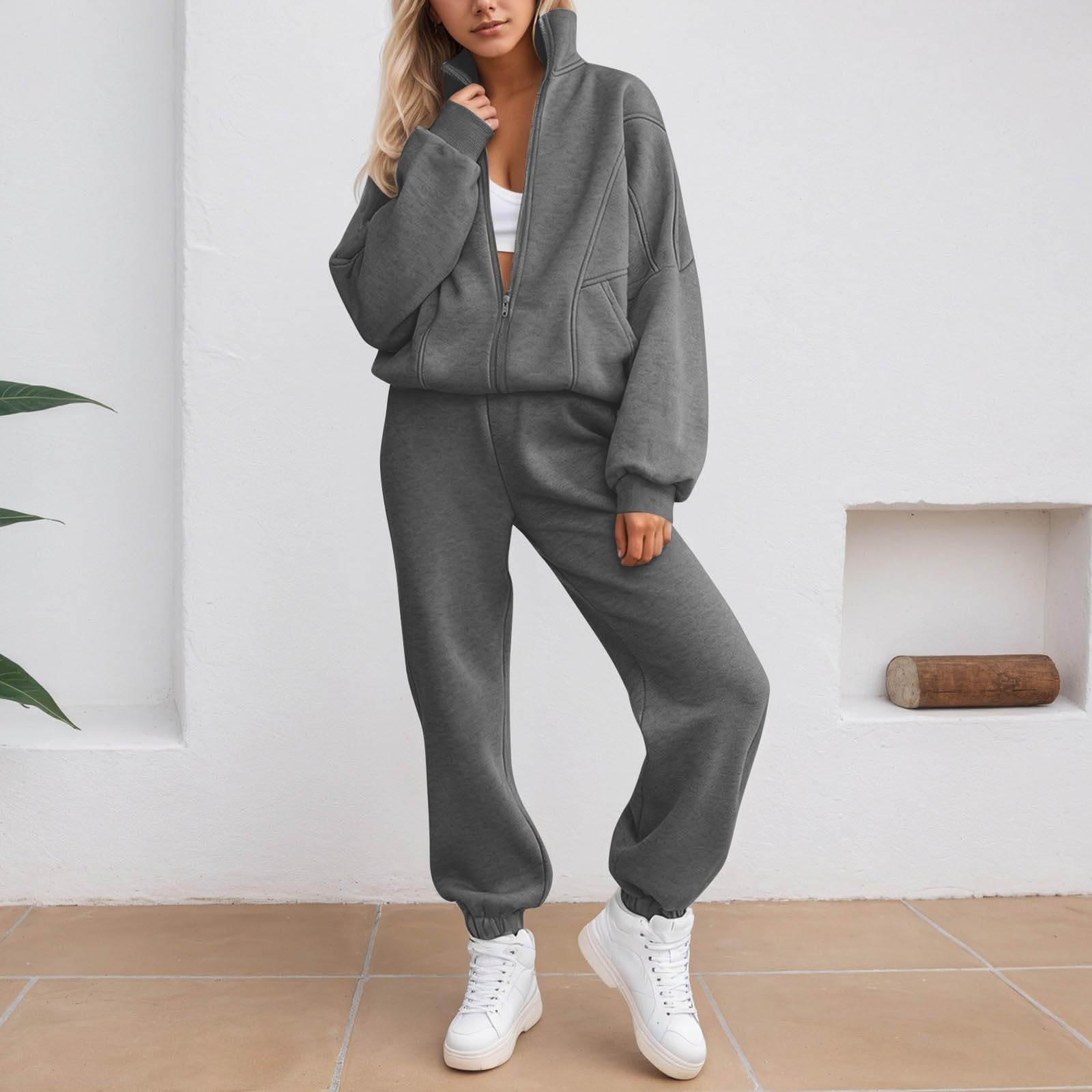 Ensemble de survêtement en Polaire décontracté, Sweat à Capuche zippé et Pantalon, Deux pièces, Doux et Confortable pour Le Jogging et Les activités Sportives.