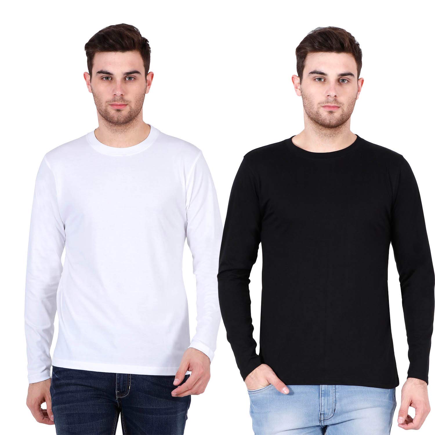 Men's Pure Cotton Full Sleeves Regular Fit Round Neck Solid Plain T-Shirt (White and Black, XX-Large)