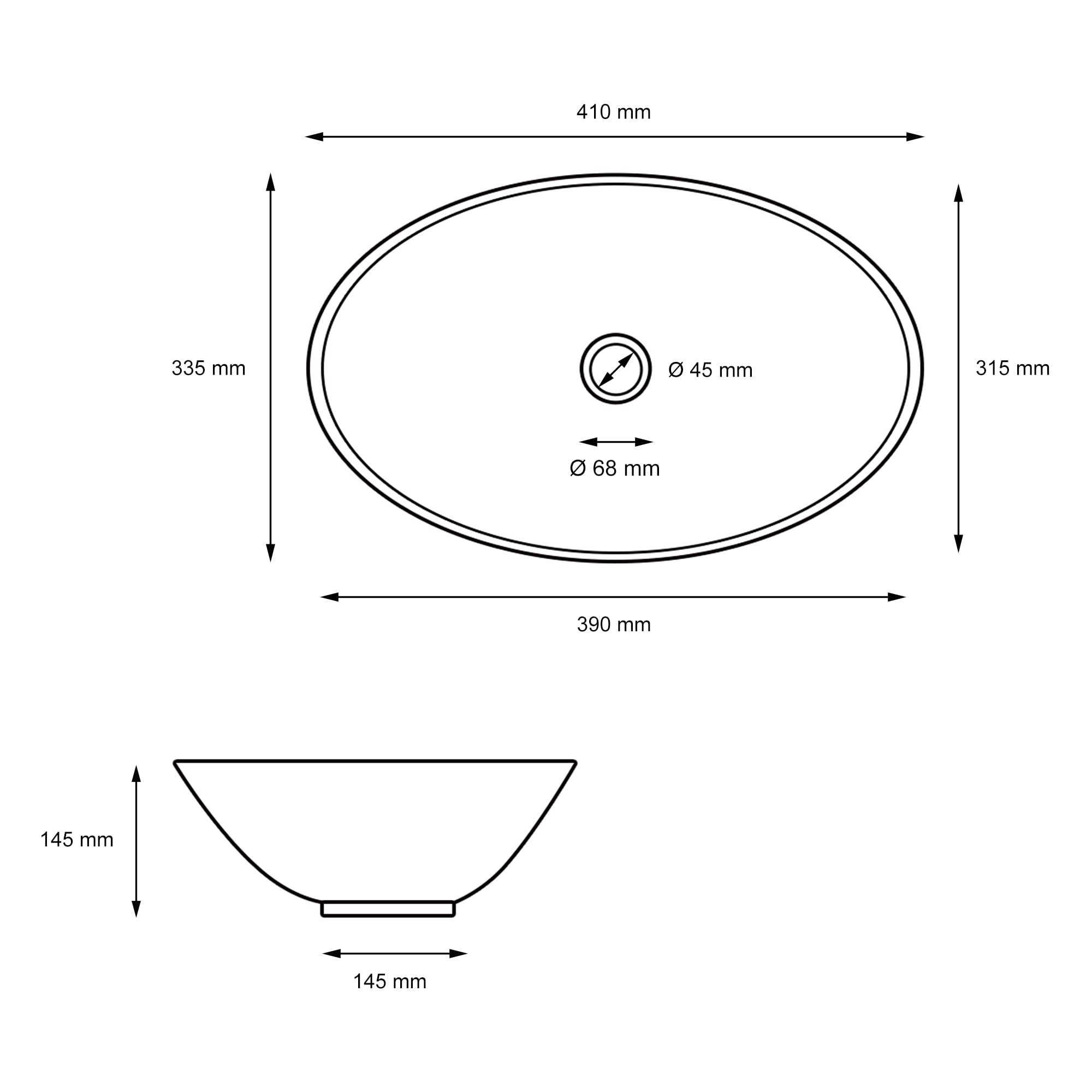 ML-Design Lavabo da Appoggio 41x33,5x14,5 cm in Ceramica Nera Opaca Lavello Ovale Lavandino Design Semplice Moderno con Foro di Scarico Lavamani Vaschetta Elegante da Bagno Toilette WC Sanitari Casa