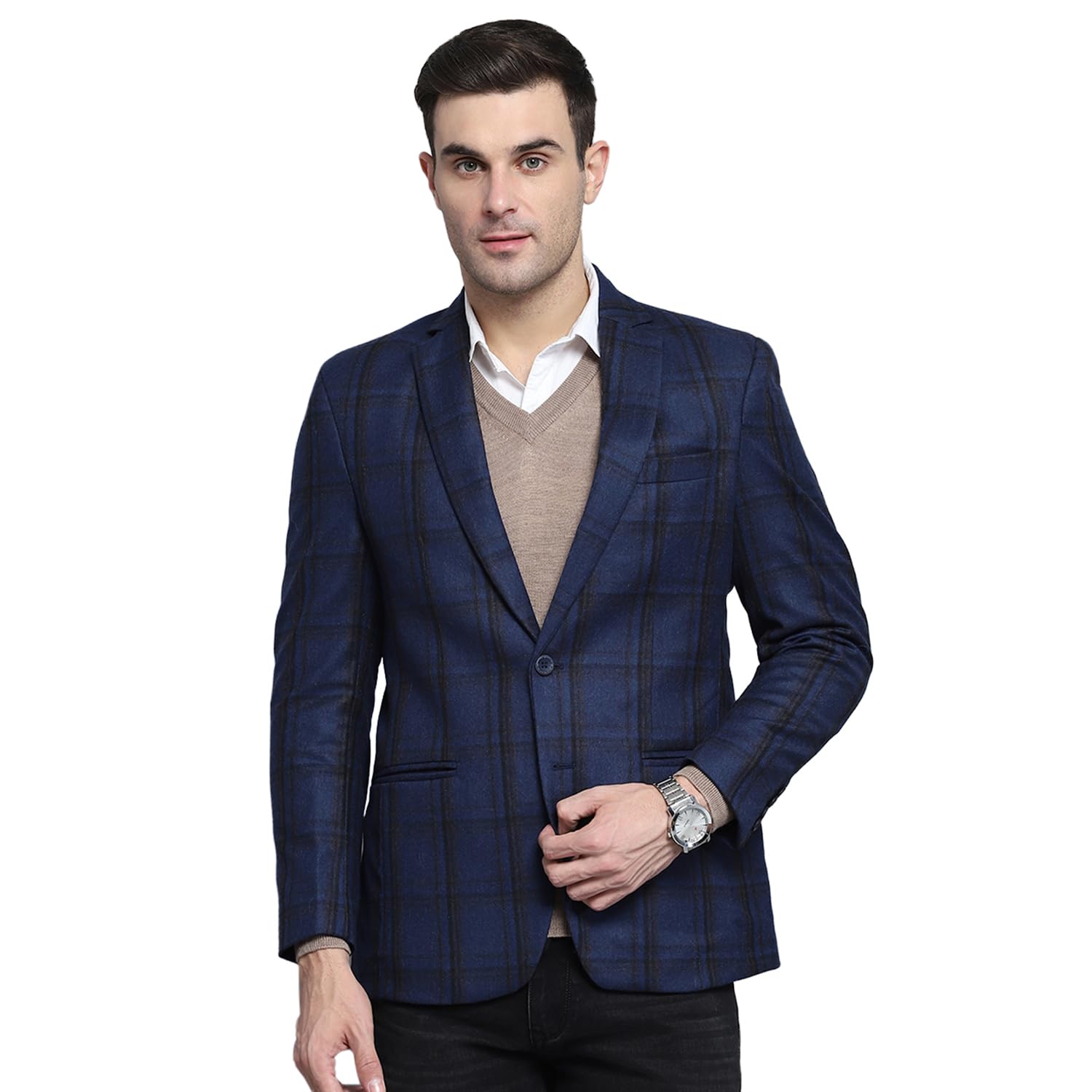 Mens Check Blue Notch Lapel Full Sleeves Coat