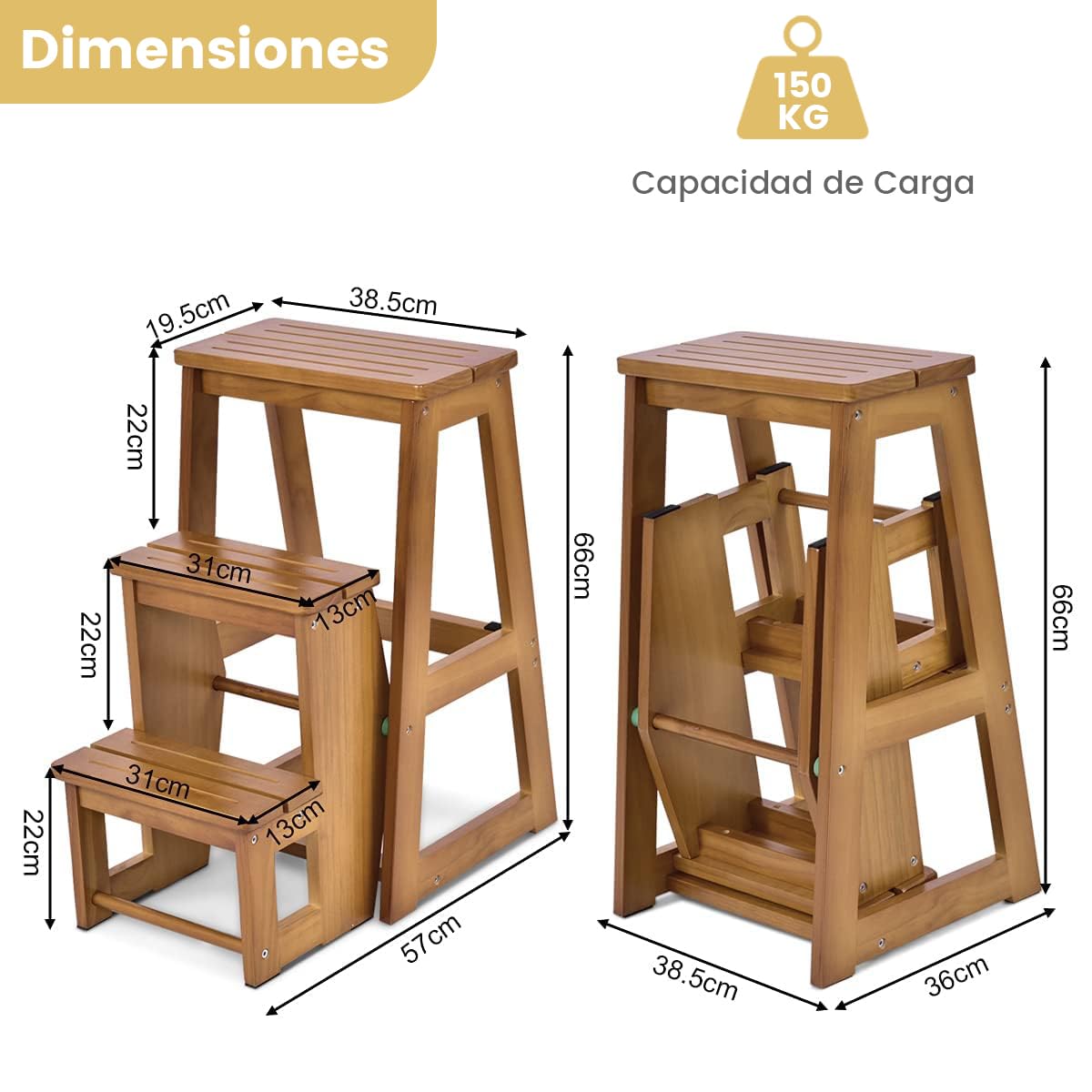 RELAX4LIFE 2 en 1 Taburete Plegable de 3 Peldaños de Madera de Pino, Taburete Escalera Multifuncional con 6 Almohadillas Antideslizantes para Cocina, Dormitorio y Tienda, 38,5x57x66cm (Marrón Claro)