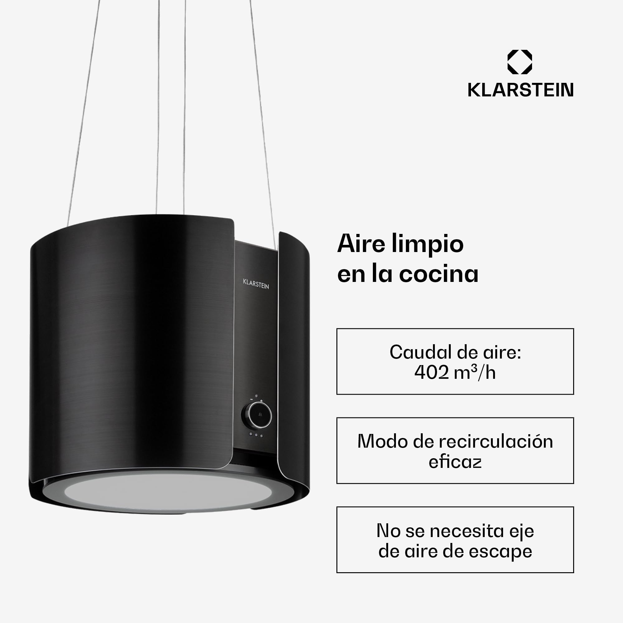 Klarstein Skyfall Smart – Extractor de humo tipo isla, campana aislada, control por aplicación móvil, 45 x 42 cm (ØxB), ventilación y extracción, 3 niveles, 402 m³/h iluminación LED, clase C, negro
