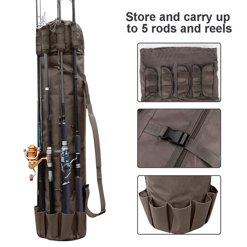 Allnice Bolsa organizadora de Lona Duradera para caña de Pescar y Carrete, Bolsa de Transporte de Viaje, Capacidad para 5 Postes y Aparejos, Khaki, 123cm x 34cm x 34cm, Clásico