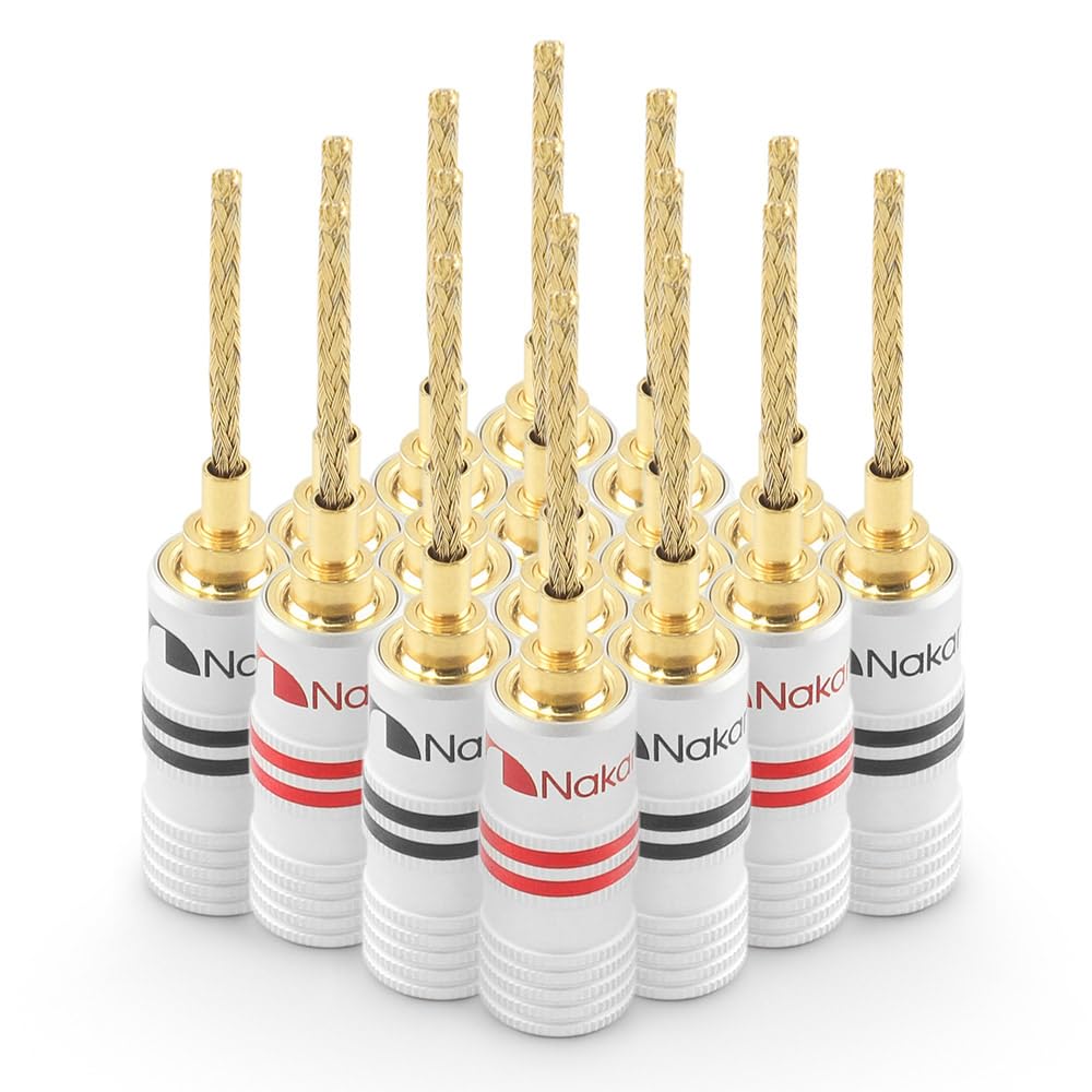 Nakamichi GrubLock Excel Series 24k pozłacane elastyczne wtyki pinowe 2 mm do przewodów 10 AWG - 18 AWG, do zacisków sprężynowych, głośników i wzmacniaczy Hi-Fi, złącze śrubowe, 16 szt. (8 par)