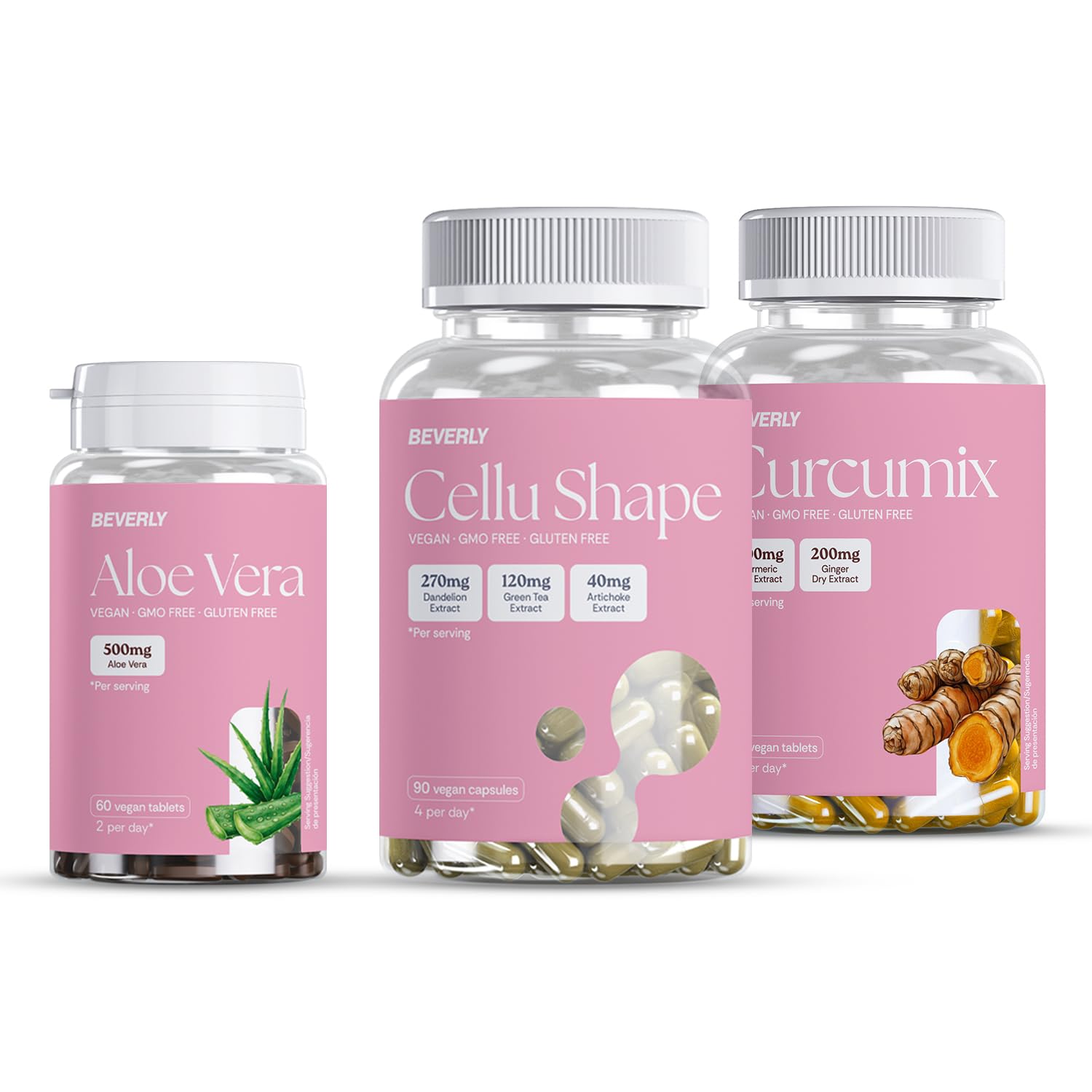 Beverly PACK SLIM Cellu Shape + Curcumix + Aloe Vera | Pack Reductor Integral | Celulitis, Inflamación y Tránsito | 30 servicios