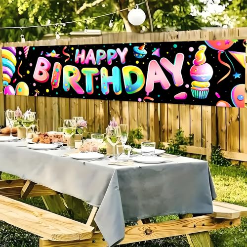 Image of Colorful Happy Birthday Banner 78.7 x 17.7 Inch Rainbow Letters with Party Balloons and Confetti Design Celebration Decoration for Kids Adults Home Yard Garden or Indoor Wall Display