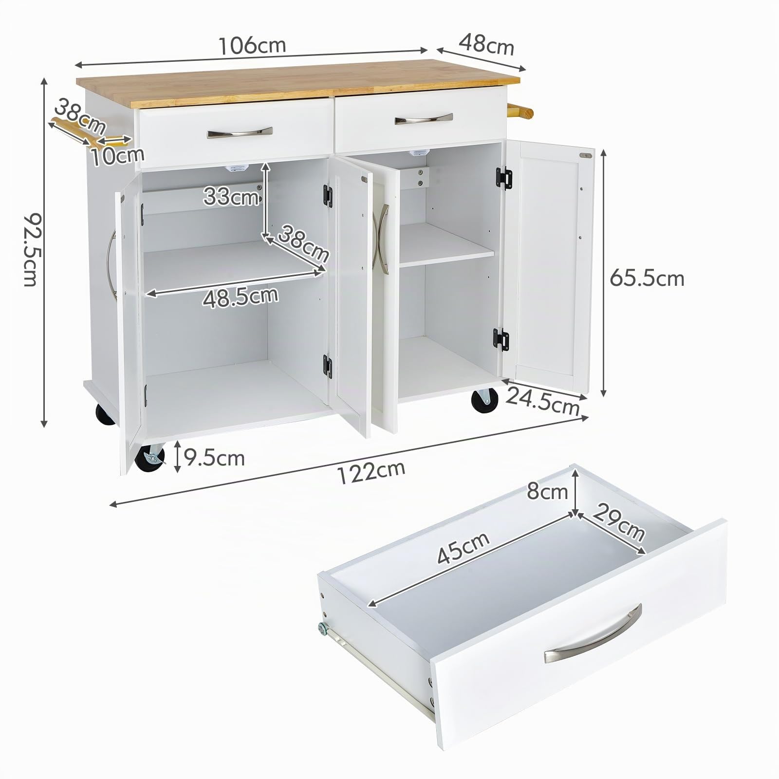 GIANTEX Küchenwagen mit Arbeitsplatte, Servierwagen mit Rollen, Küchenschrank mit 2 Schubladen & 2 Handtuchhaltern & 4 Türen, Kücheninsel mit verstellbaren Regalen, Küchentrolley Holz 122x48x92,5 cm