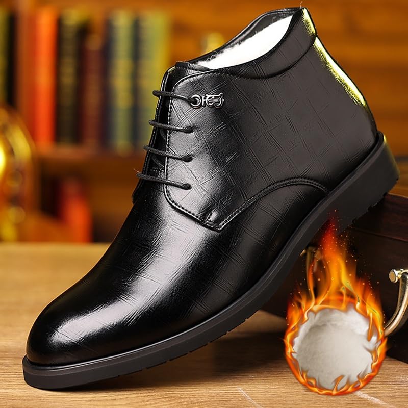 Men's Cotton Shoes Winter Business Formal Snow Boots Casual Thick Warm High Top Lace-up Cotton Leather Shoes Men Pointed Toe Lightweight Non-Slip Shoes3