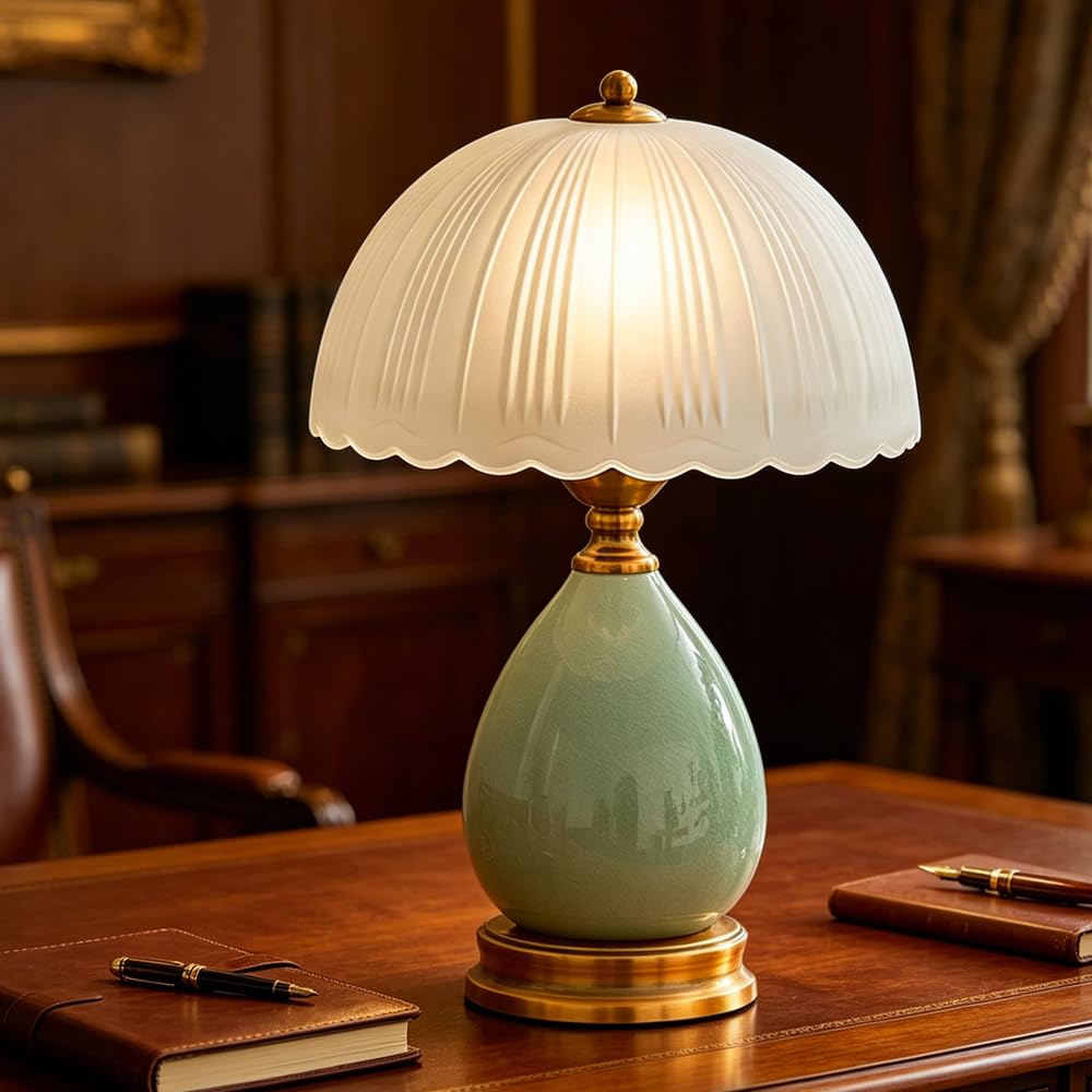Lampada da tavolo moderna in ceramica, corpo lampada in ceramica, paralume in vetro, base in metallo, lampada da tavolo per soggiorno, adatta per camera da letto e soggiorno (Verde acqua)